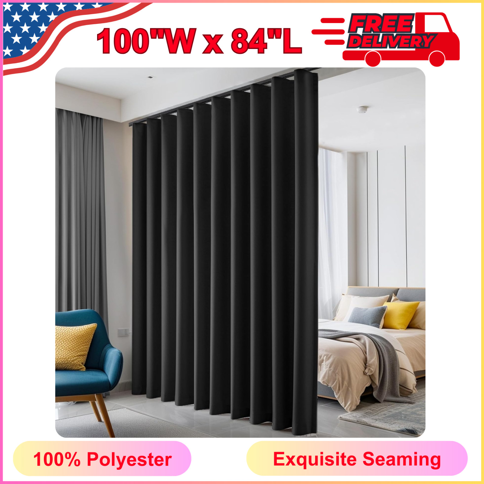 Room Divider Curtain with Flexible Ceiling Track Hook Black, W100 x H84 Inch