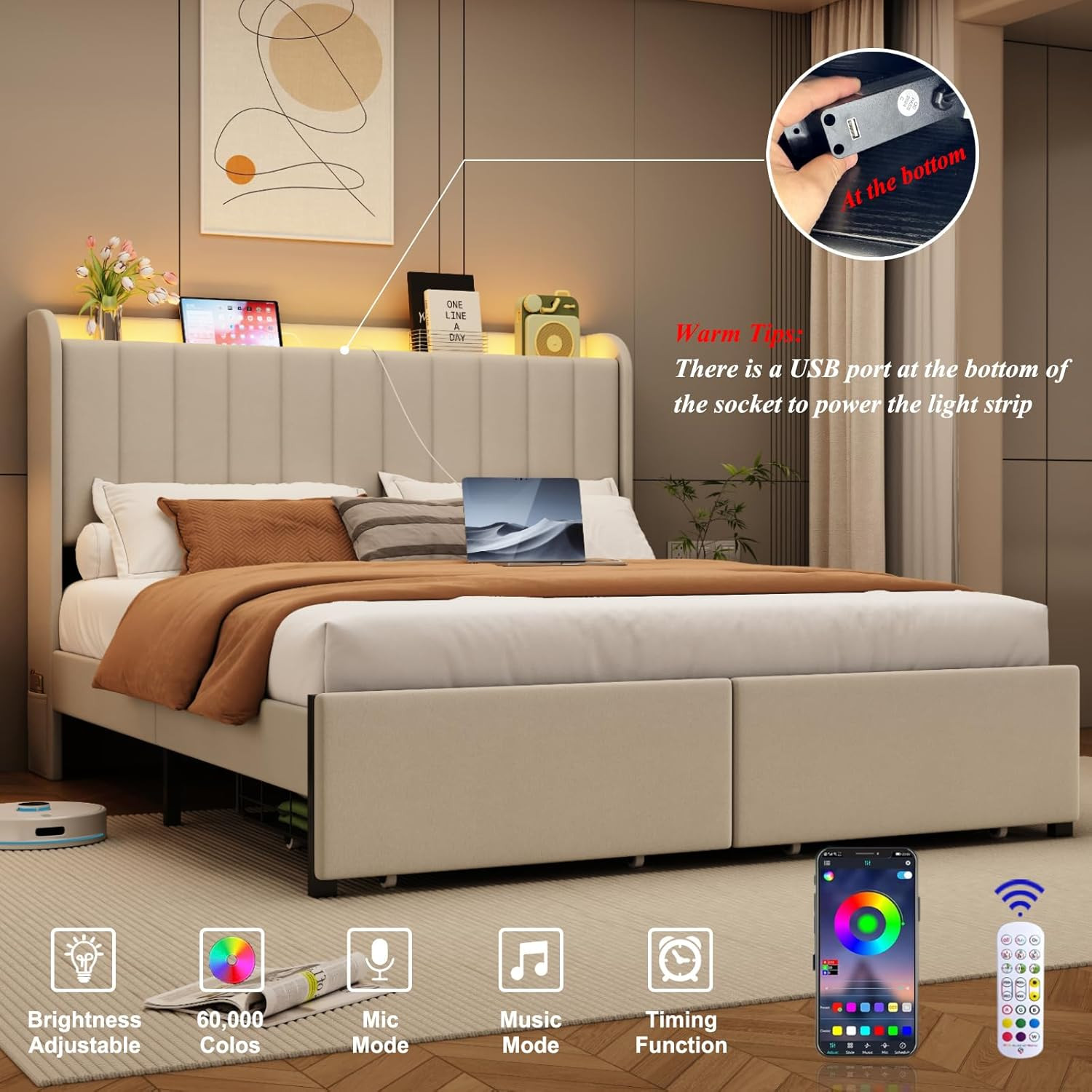 Full Size Bed Frames with Storage Headboard and 2 Drawers, Upholstered Platform