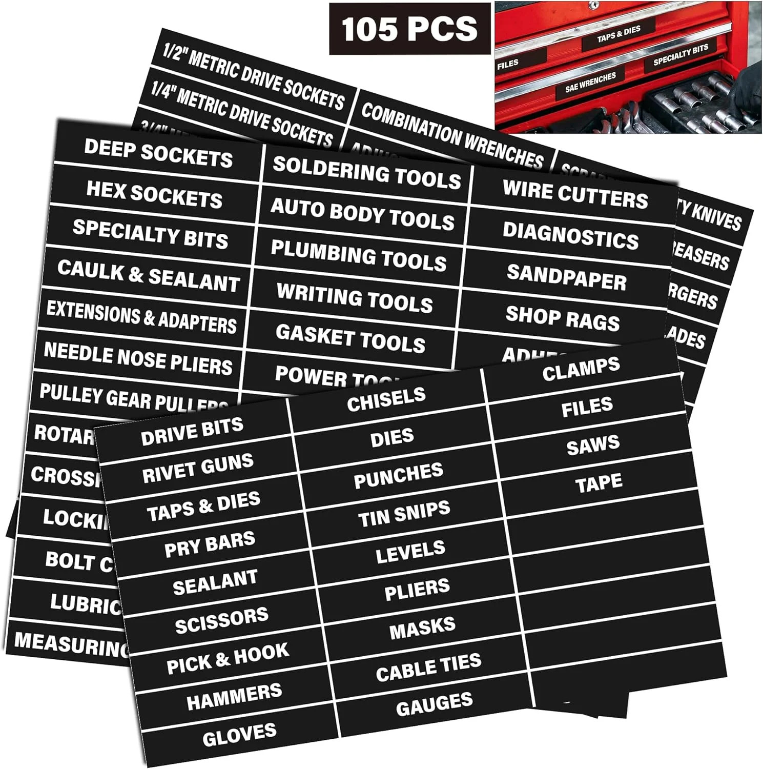 105 Pcs Magnetic Tool Box Labels, Heavy Duty Tool Chest Drawer Badges, 100 Pre-P