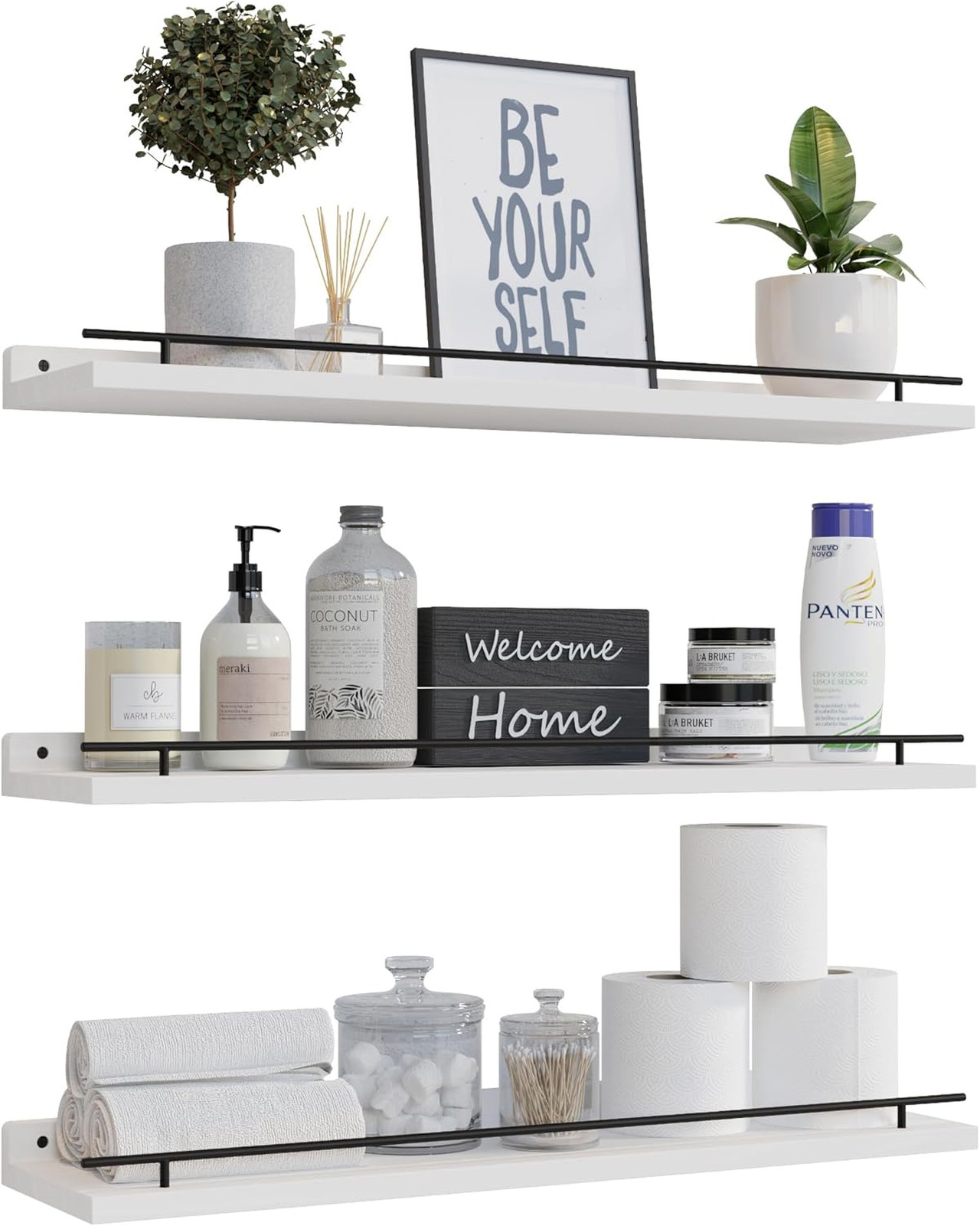 Floating Shelves Set of 3 24 Inch Black with Metal Guardrail Wall Decor for