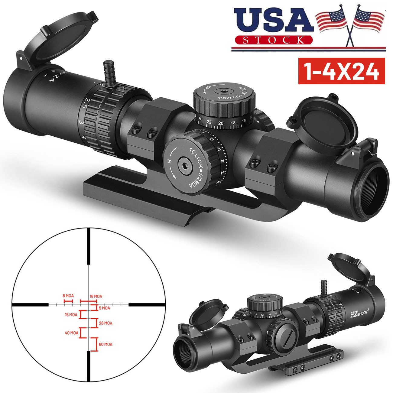1-4x24 LPVO Illuminated BDC Rifle Scope w/ Onepiece Mount+Zero Reset For Hunting