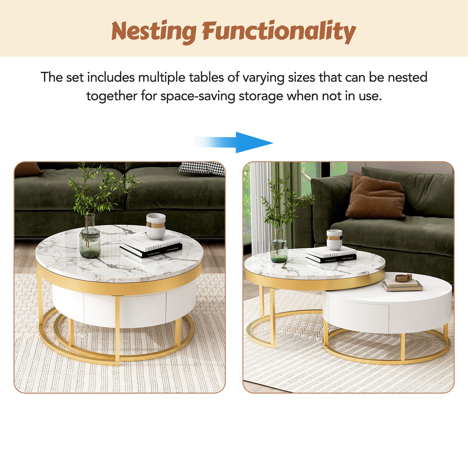 Modern Round Nesting Coffee Table Center Cocktail Table End Table w/ 2 Drawer