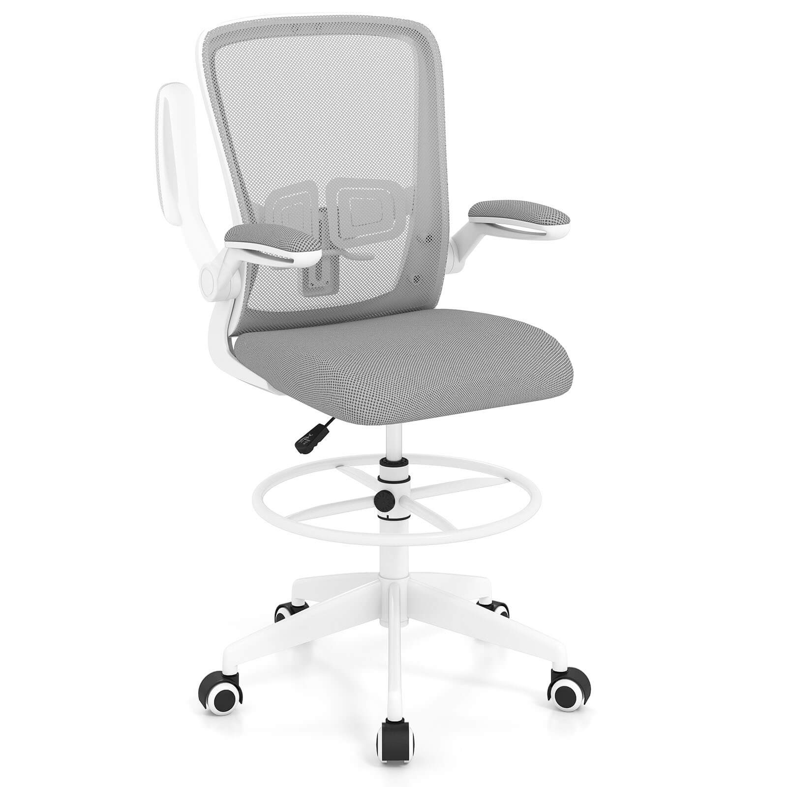 Home Office Drafting Chair w/Flip-Up Armrests Adjustable Footrest Ring for Study