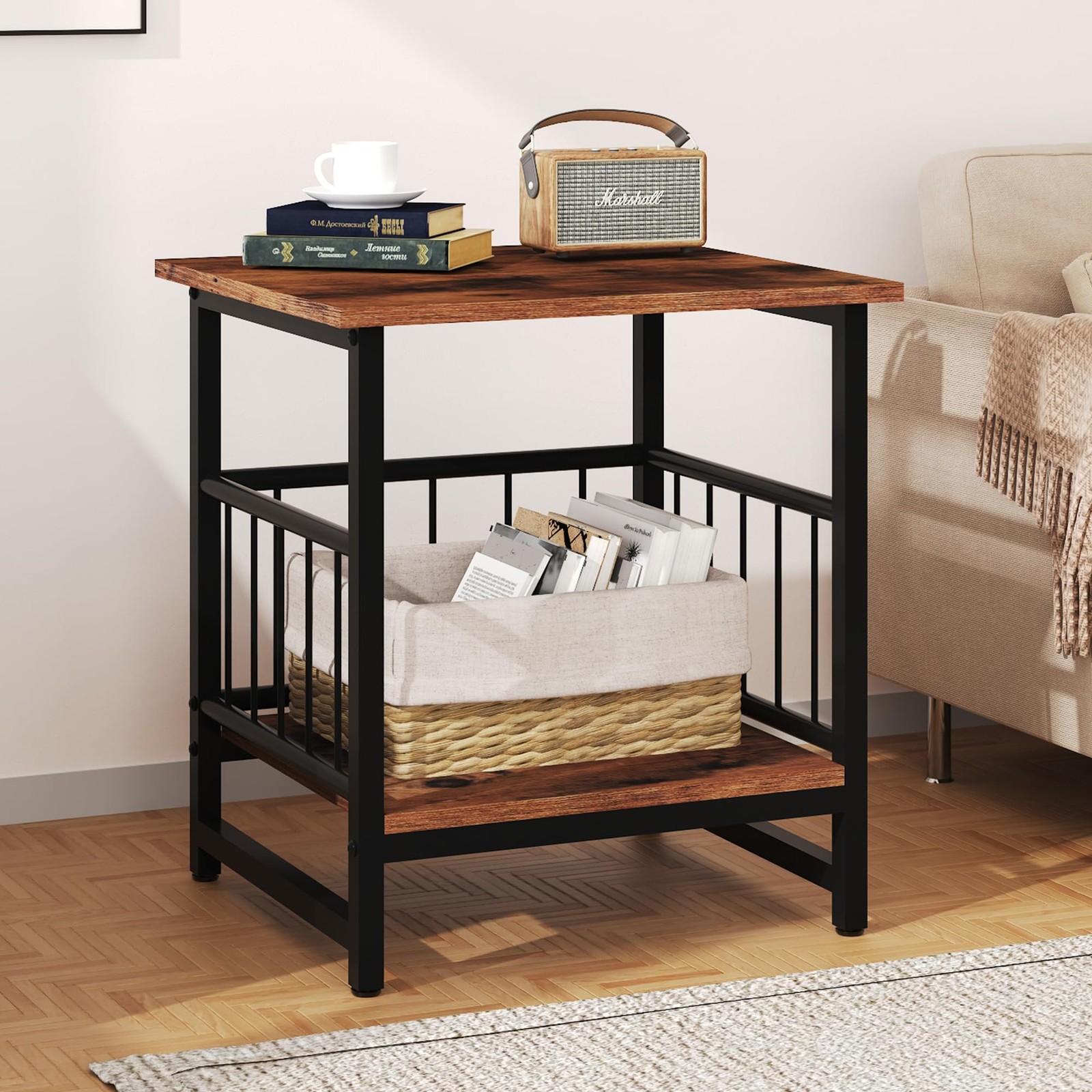 Industrial Night Stand, 18” Square Side Table with Open Storage Shelf, Bedsid...