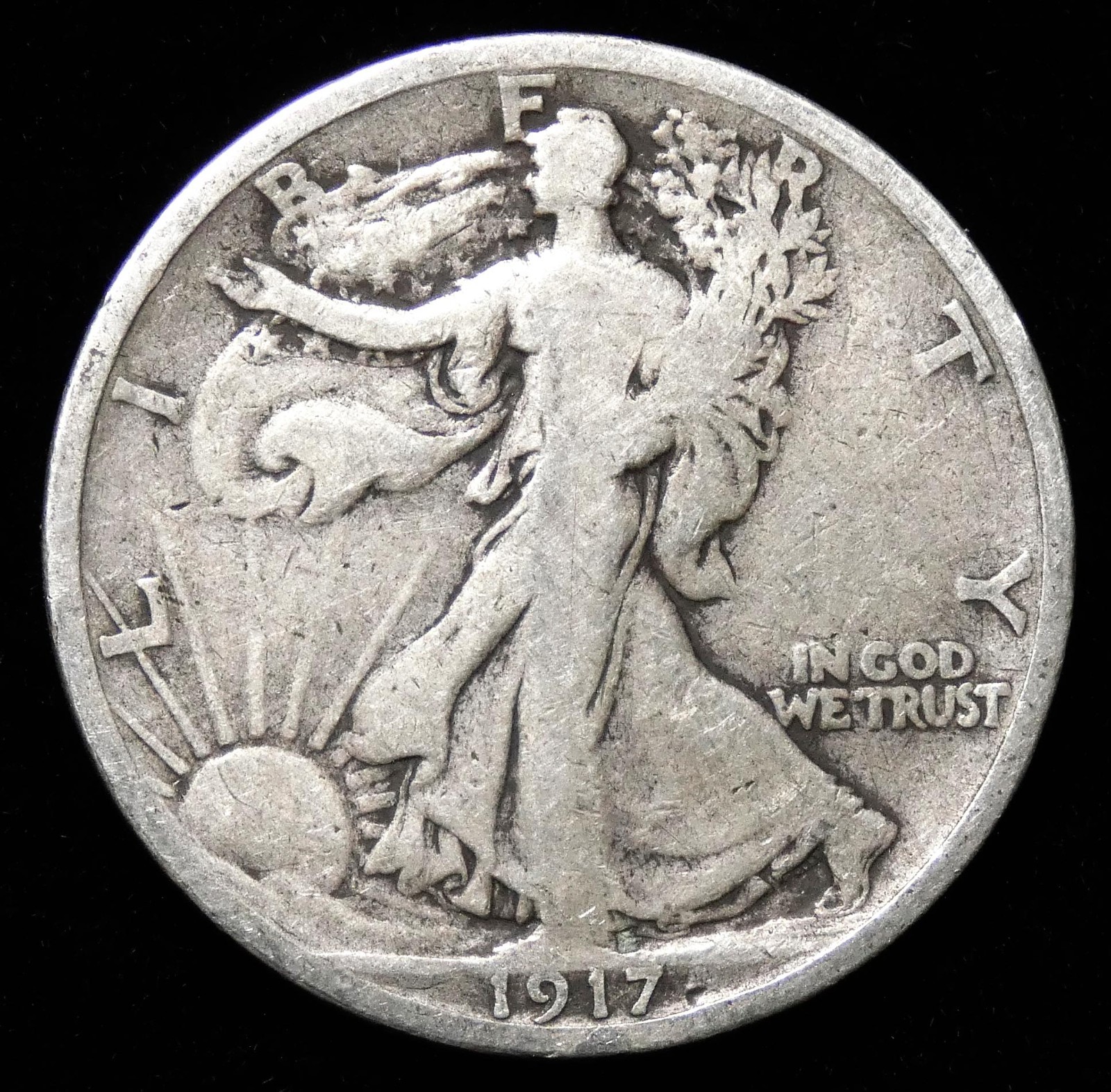 1917 Reverse D. Liberty Walking Silver Half Dollar. Very Good+. INV#5914