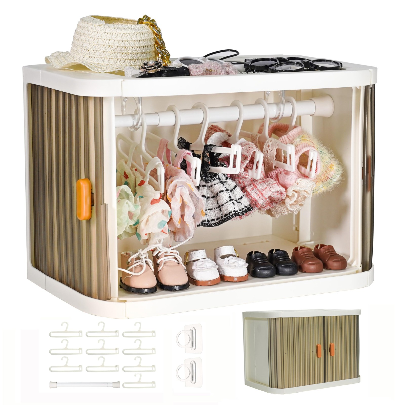 KBBYT Foldable Doll Wardrobe Compatible with 10.6*7.2*5.1 inch, White, Brown
