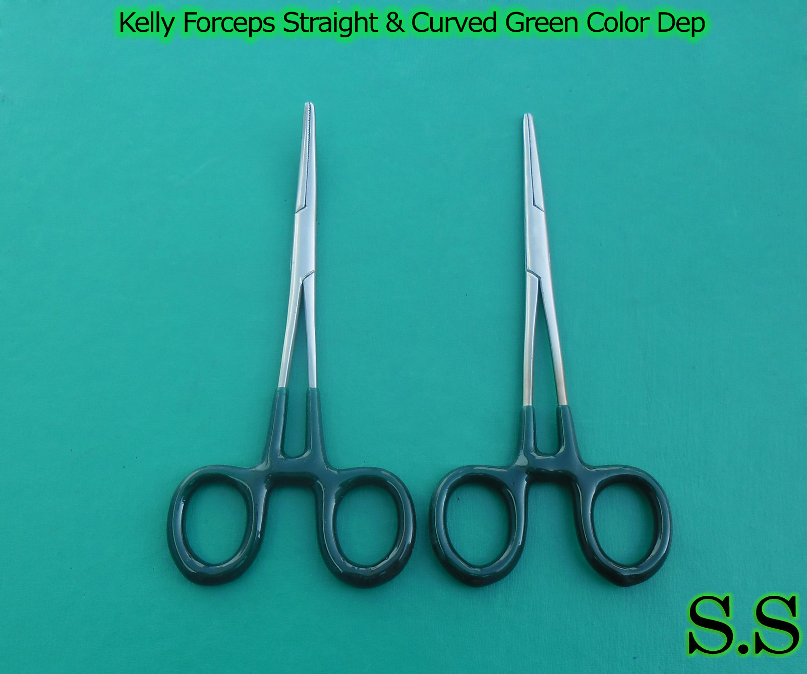 2 Pcs Kelly Forceps Straight & Curved 5.5"Green Color Dep Instruments EMT Nurse