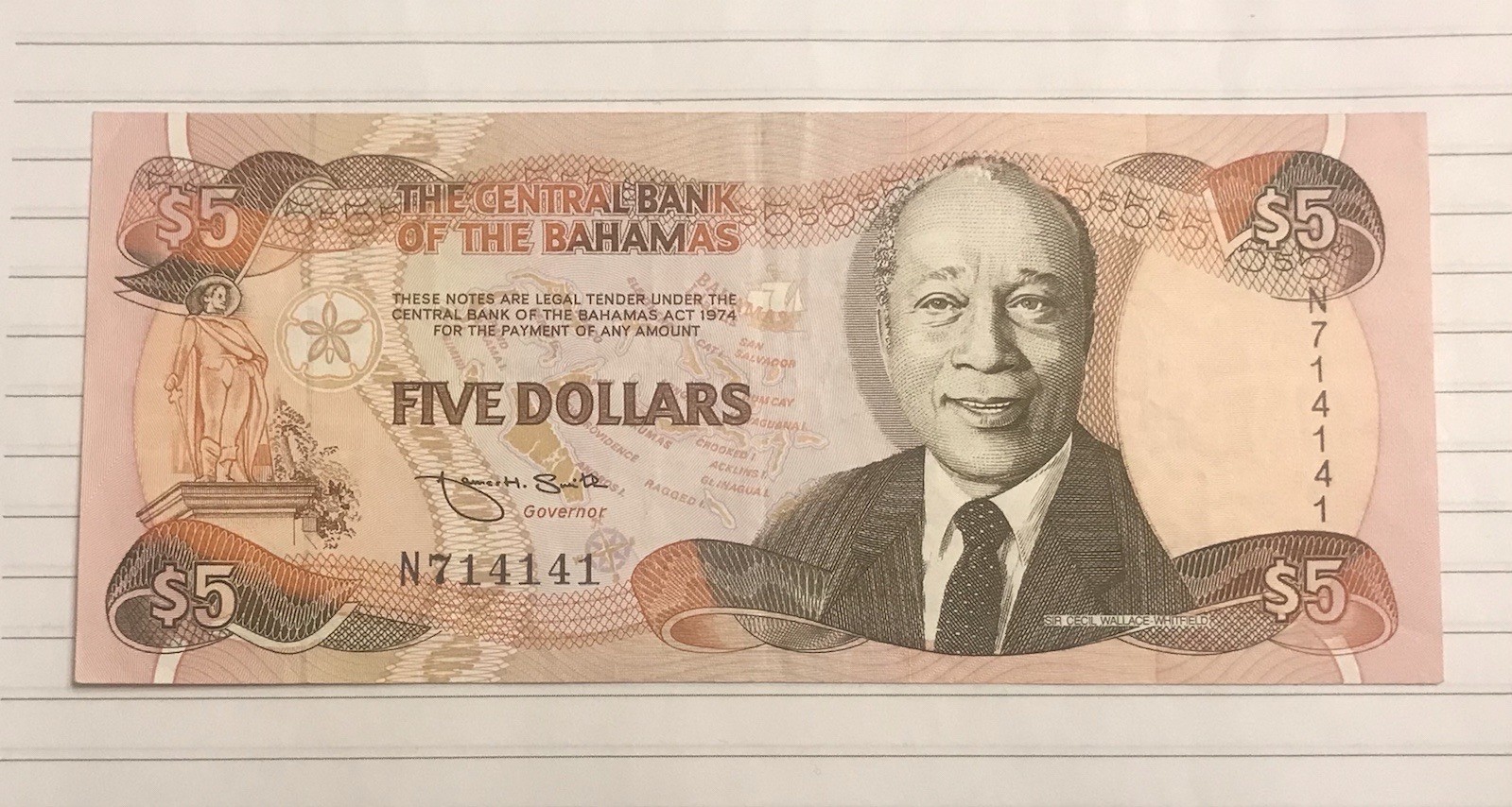Bahamas 5 Dollars 1995 P-52 VF/XF