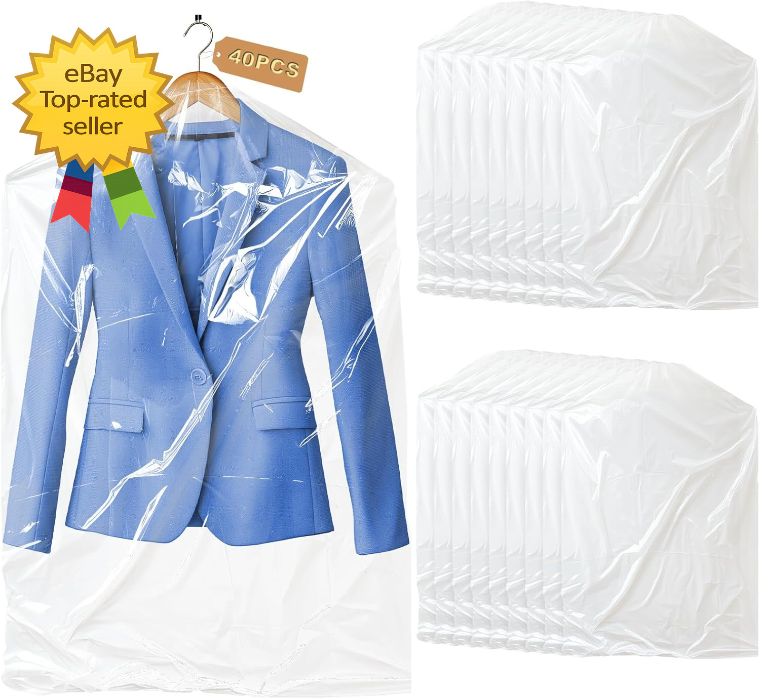 40 Pack Garment Bags 60x90cm Clear Hanging Clothes Storage Dry Cleaning Covers