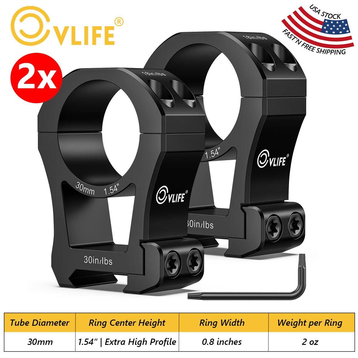 30mm Extra High Profile Scope Ring Precision-Milled Dual Rings Scope Mount 1Pair