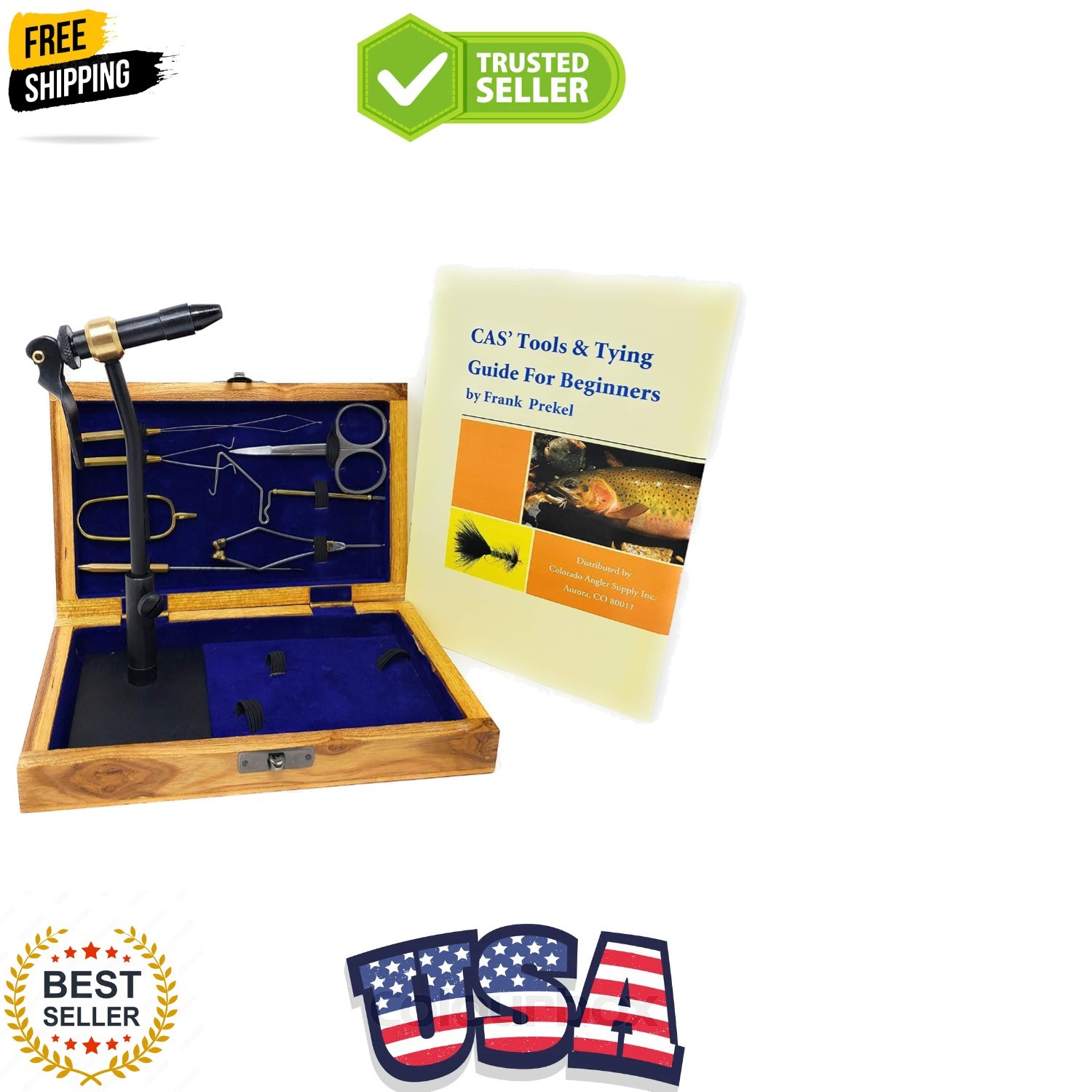 Fly Tying Standard Tool Kit with Wooden Box & Book, Rotary Vise, Bobbin, Scis...