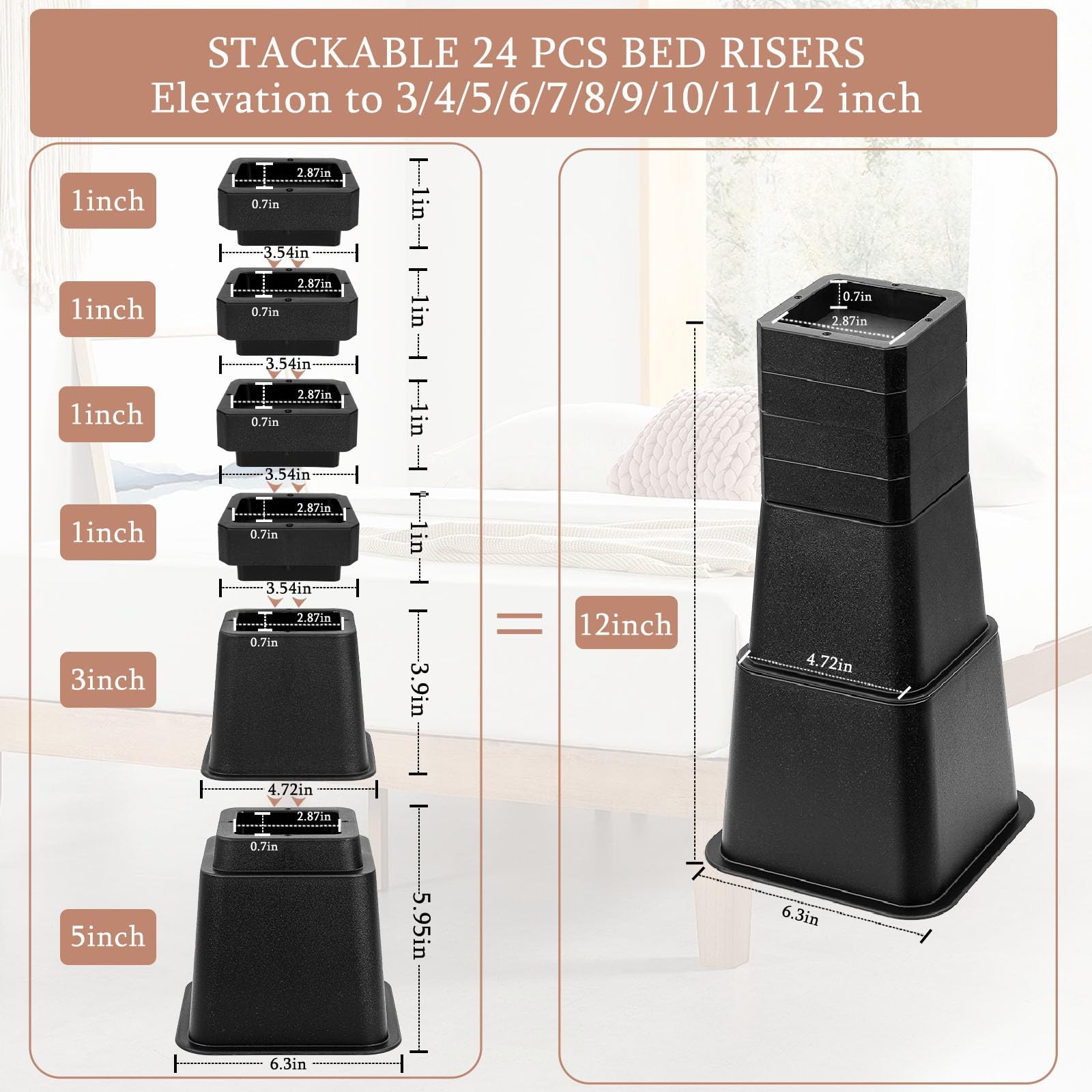 Adjustable Bed Risers Heavy Duty Elevation 3 to 12 Inch 24 PCS Pack Black