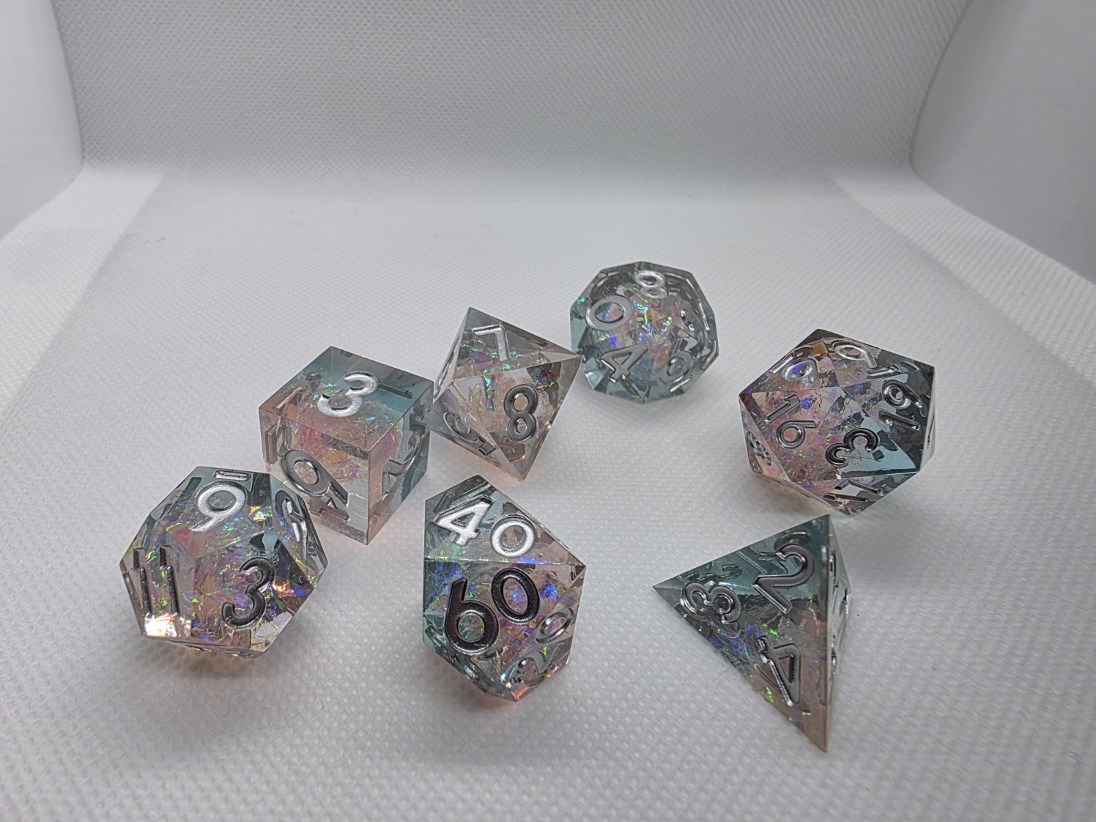 Handmade 7pc Polyhedral Dice Set with Iridescent Flakes for DnD / TTRPG