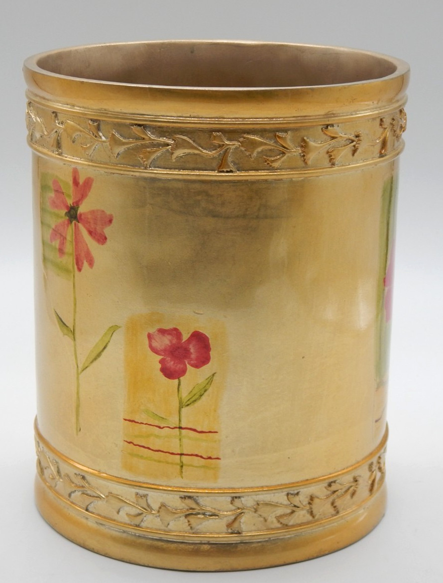 Gold Decoupage Ornate Brushed Style Elegant Floral Heavy Waste Basket Beautiful
