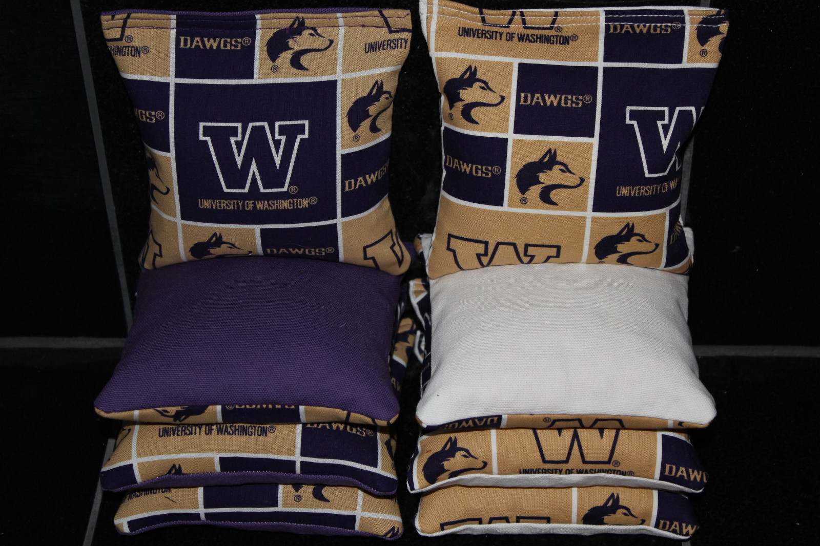 8 CORNHOLE BEAN BAGS made w University WASHINGTON HUSKIES Fabric ACA Reg