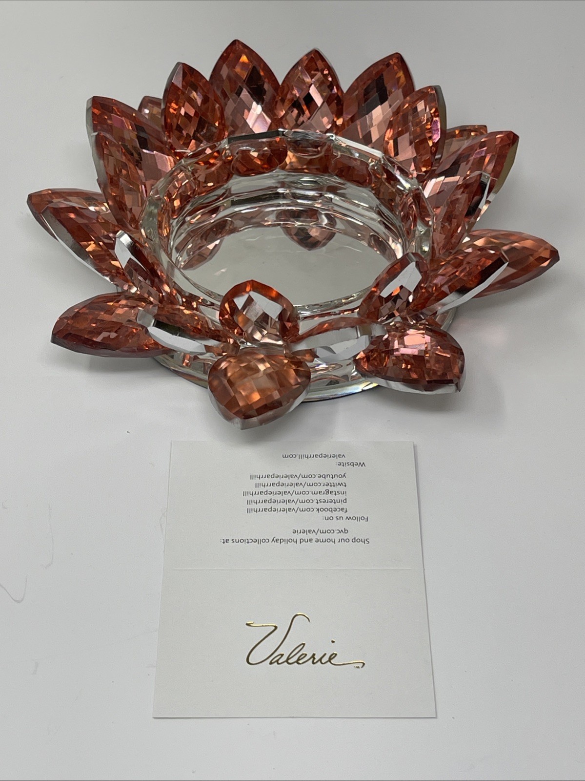 Valerie Hill Mirrored Faceted Glass Lotus ROSE GOLD Candle Holder, New