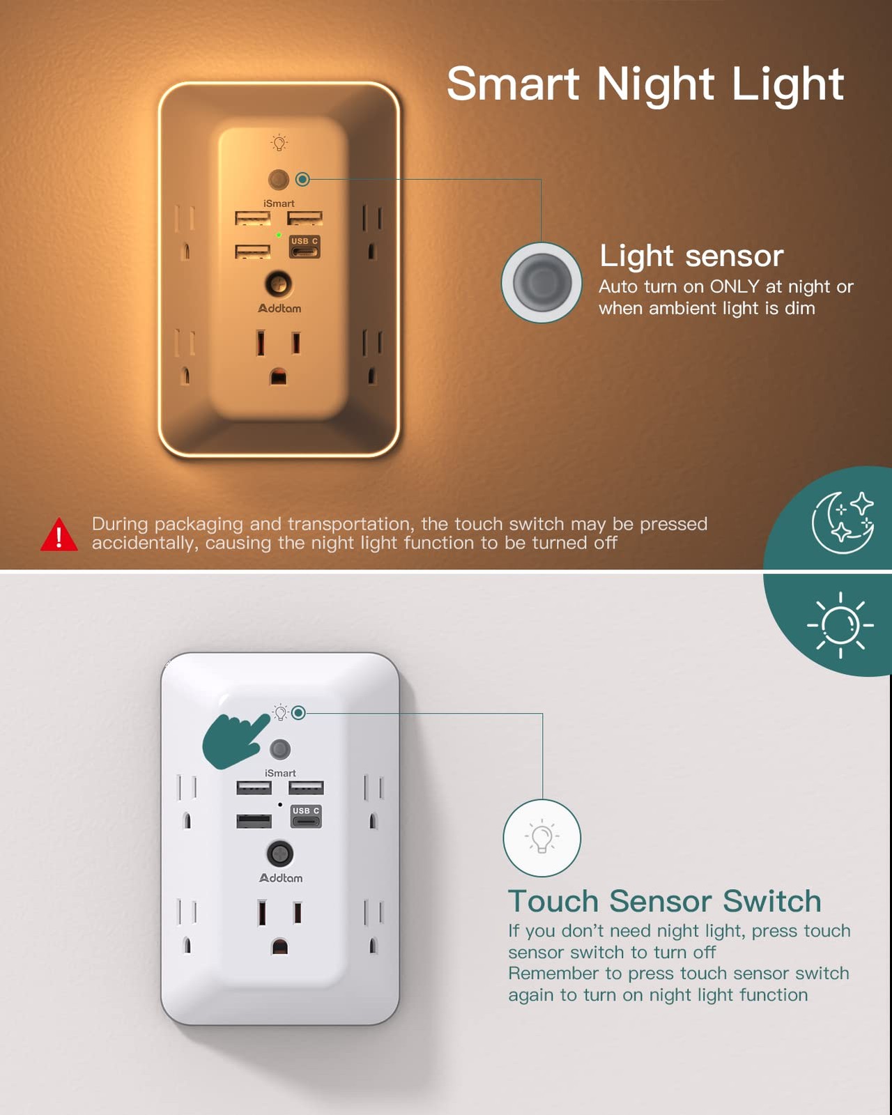 Surge Protector, Outlet Extender with Night Light, 1C3A-Standard, White