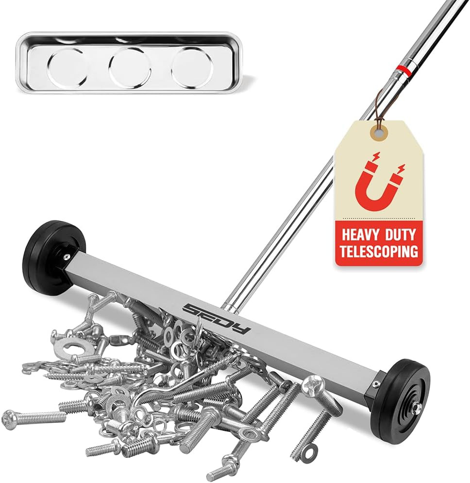 Magnetic Sweeper 17 Inch Rolling Nail Pickup Tool with Telescoping Handle 8.8LB