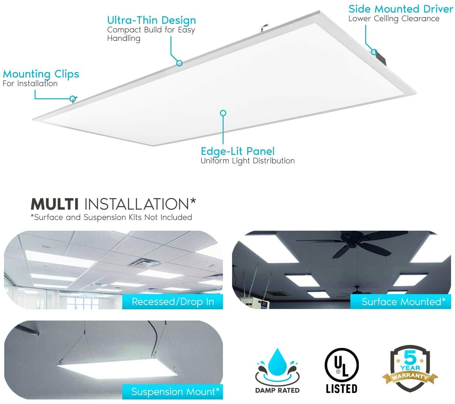 2x4 FT LED Flat Panel Light 5000K Daylight White, 75W Drop Ceiling Office Lights