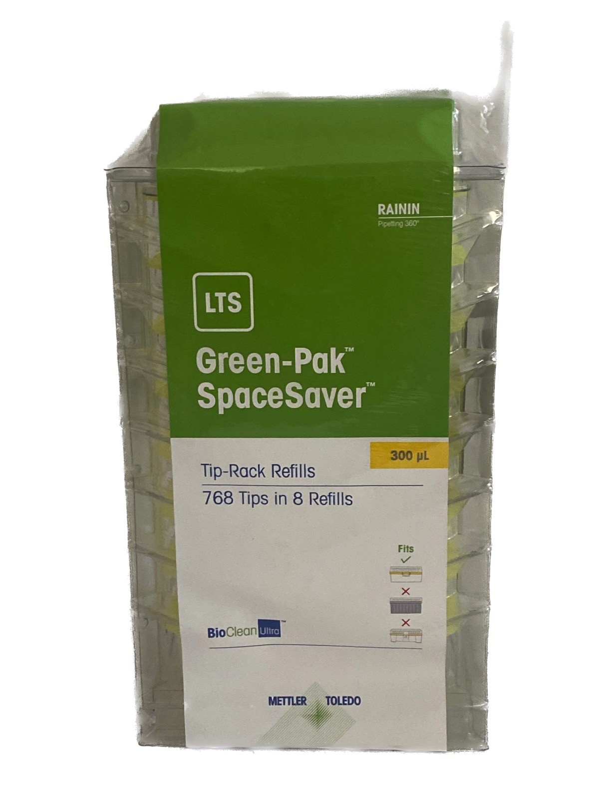 (768) RAININ Green-Pak SpaceSaver LTS 300uL Pipette Tip Refill 8x96 30389303