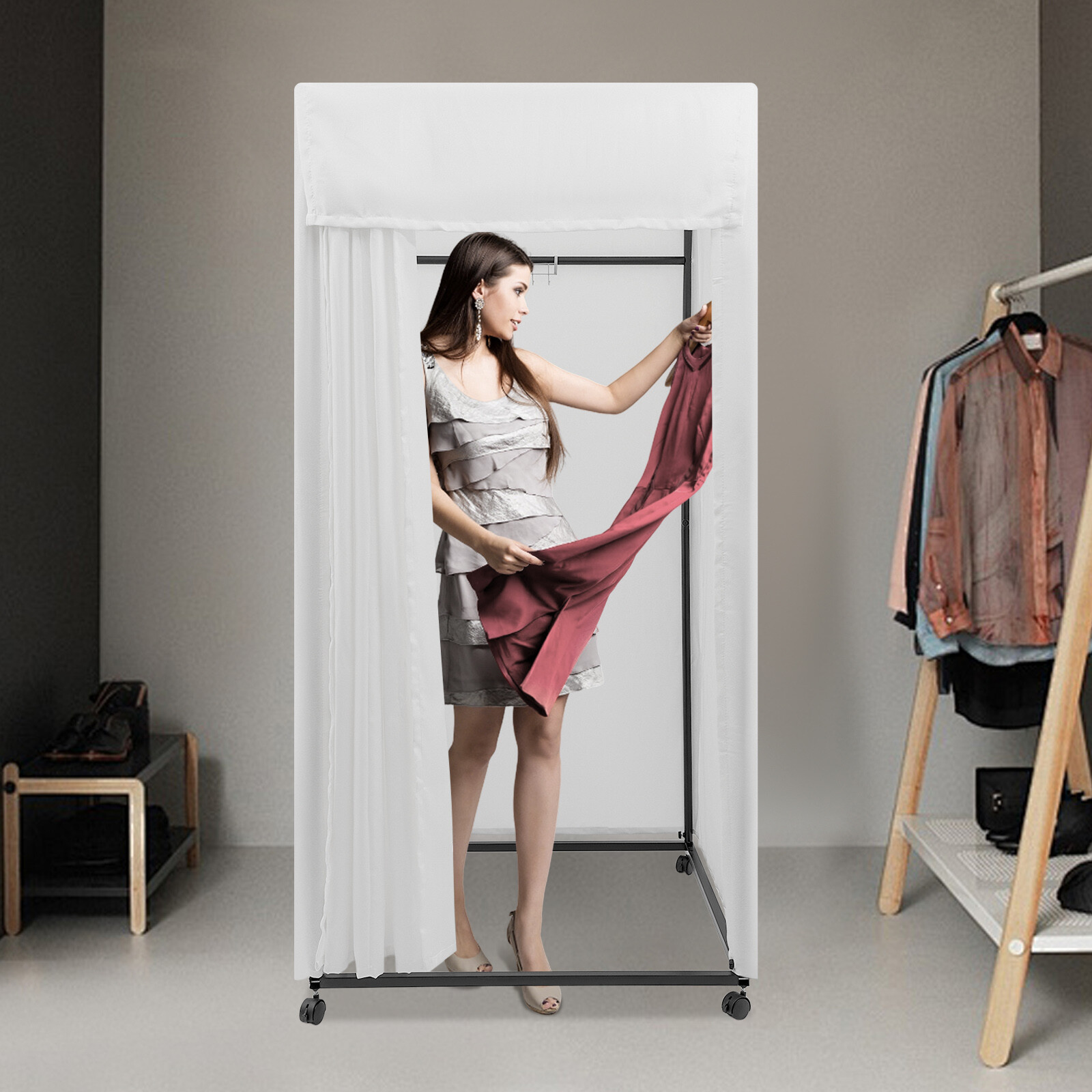 Portable Rectangular Dressing Room 4-Wheels Freestanding Movable Fitting Room