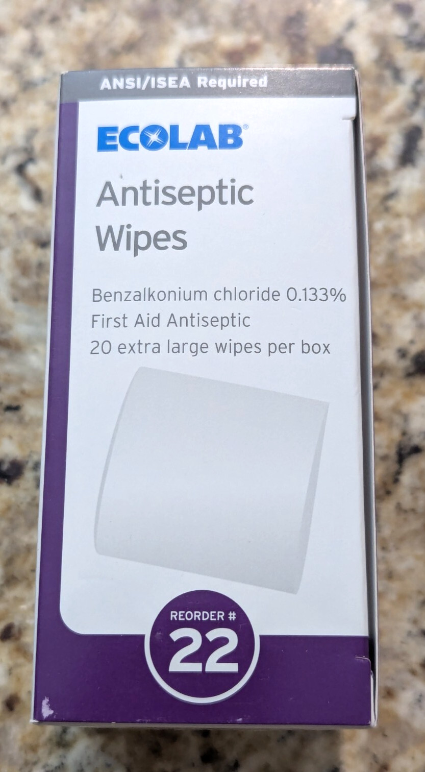 Ecolab Antiseptic Wipes First Aid Reorder #22 Item #50225-01-25 - 20 count