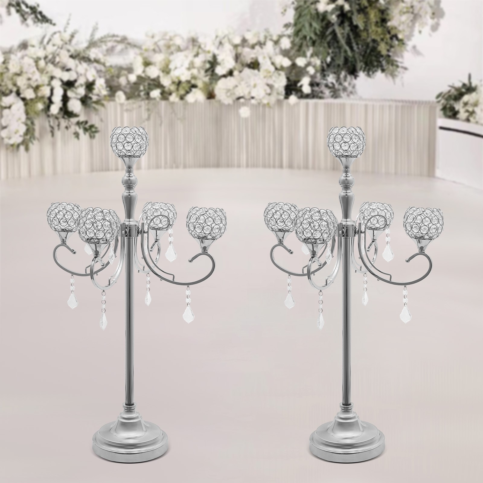 5 Arms Crystal Candelabra Freestanding Candle Holder Centerpiece Silver