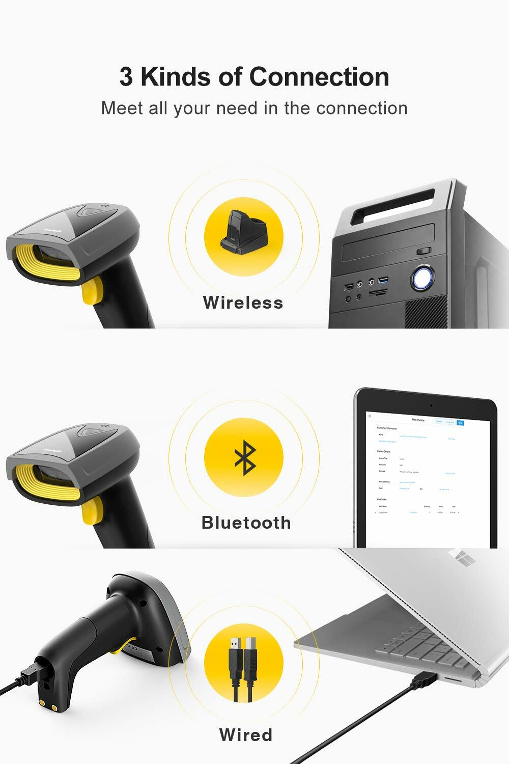 1D 2D Barcode Scanner Wireless Bluetooth QR Code Gun Read Screen Smart Base