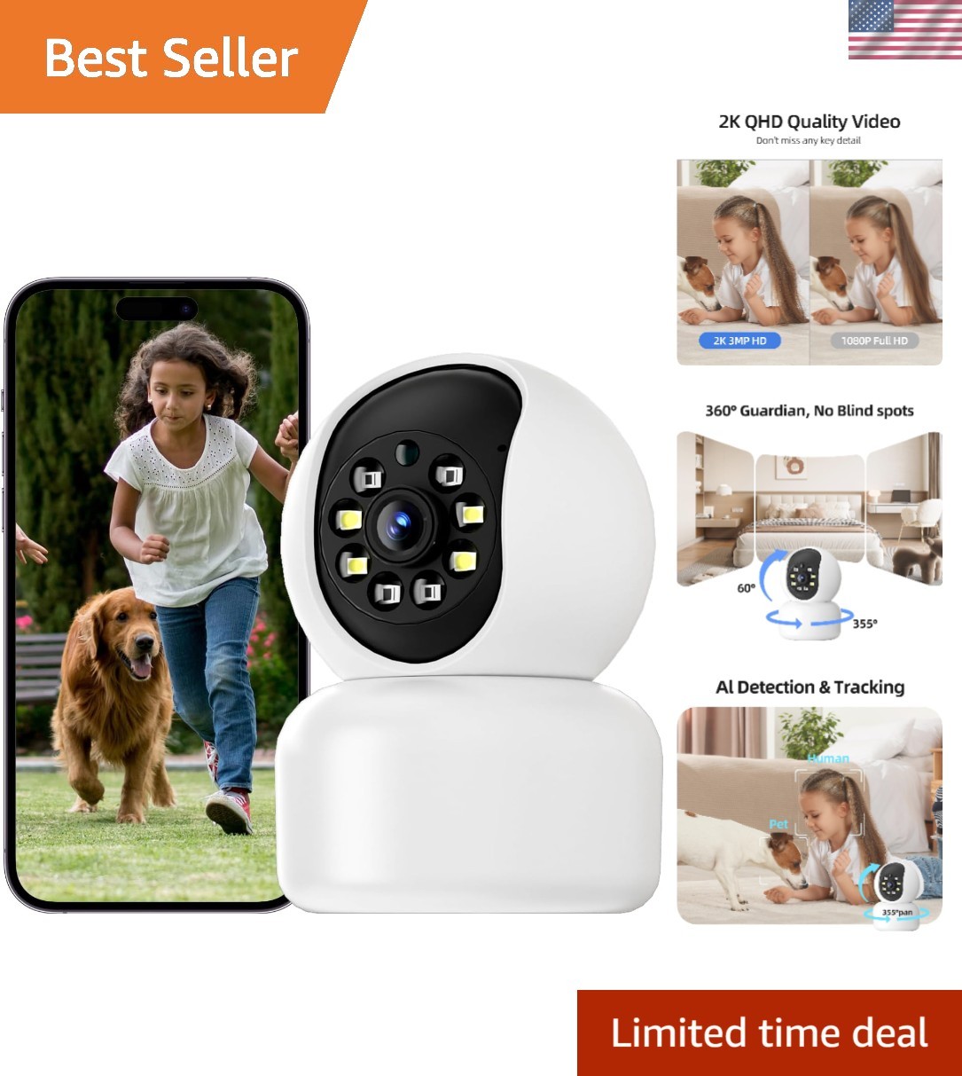 Hawkray 2K Indoor Security Camera - Motion Tracking, Two-Way Talk & Night Vision