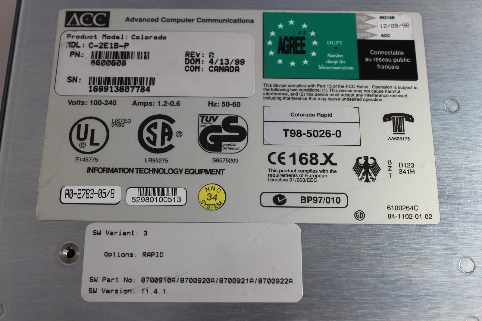 ACC ADVANCED COMPUTER COMMUNICATIONS C-2E1B-P COLORADO RAPID SWITCH 8600608