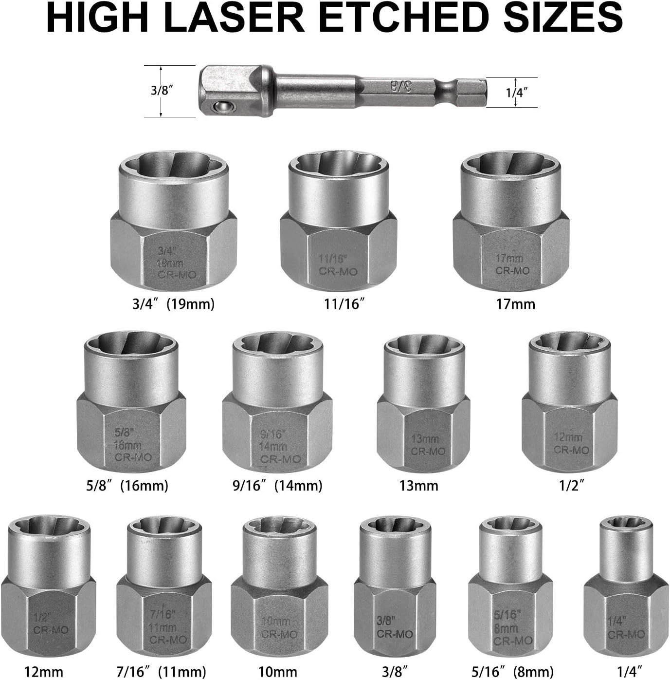 Bolt Extractor Kit, 13+1 Pieces Nut Extractor Socket Set, 3/8" Drive Rounded Bol