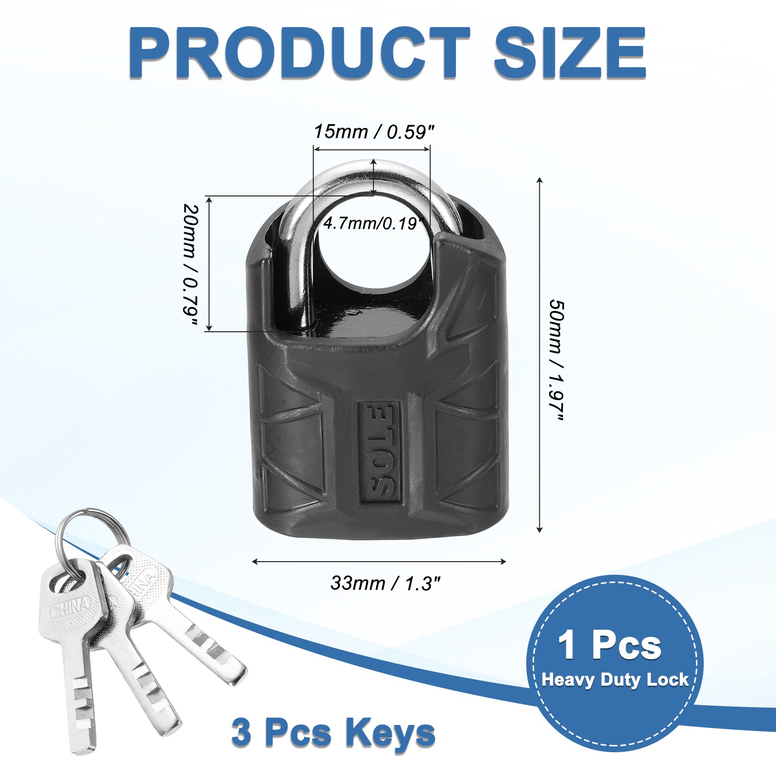 High Security Solid Steel Padlock with Key, Black (1-3/16 Inch)