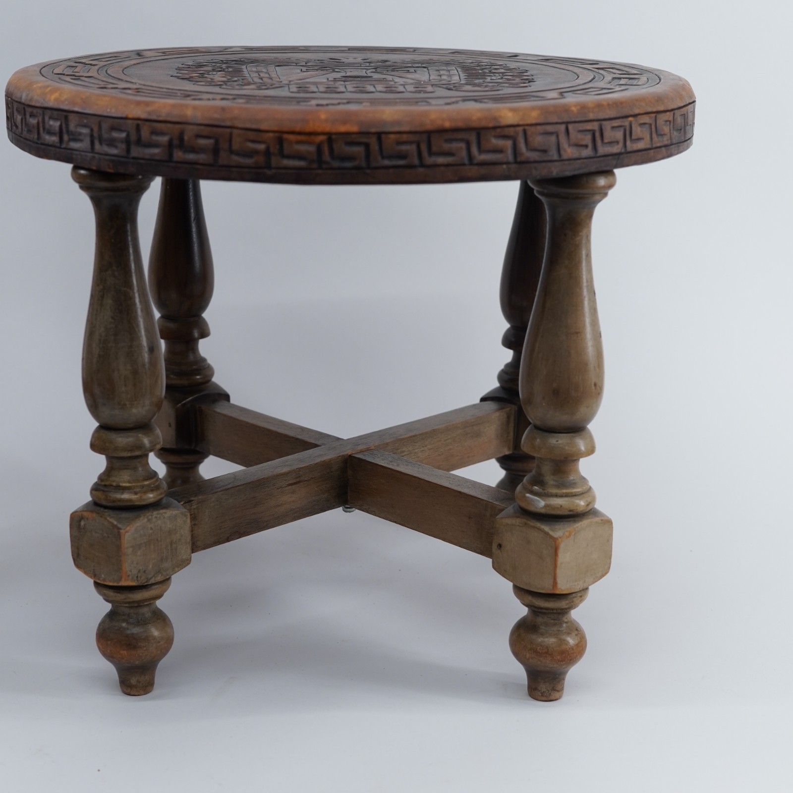 Pair Of Hand Tooled Leather Top Stool's Peru Mayan Aztec Warrior