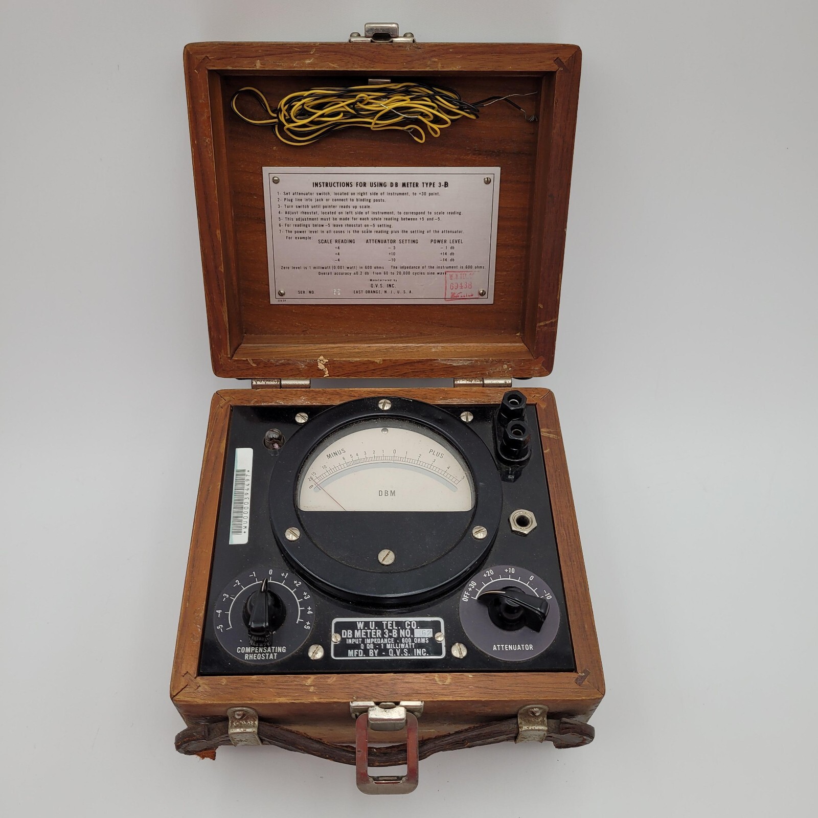 Vintage Western Union DB Meter Model 3-B With Rheostat Original Wooden Case