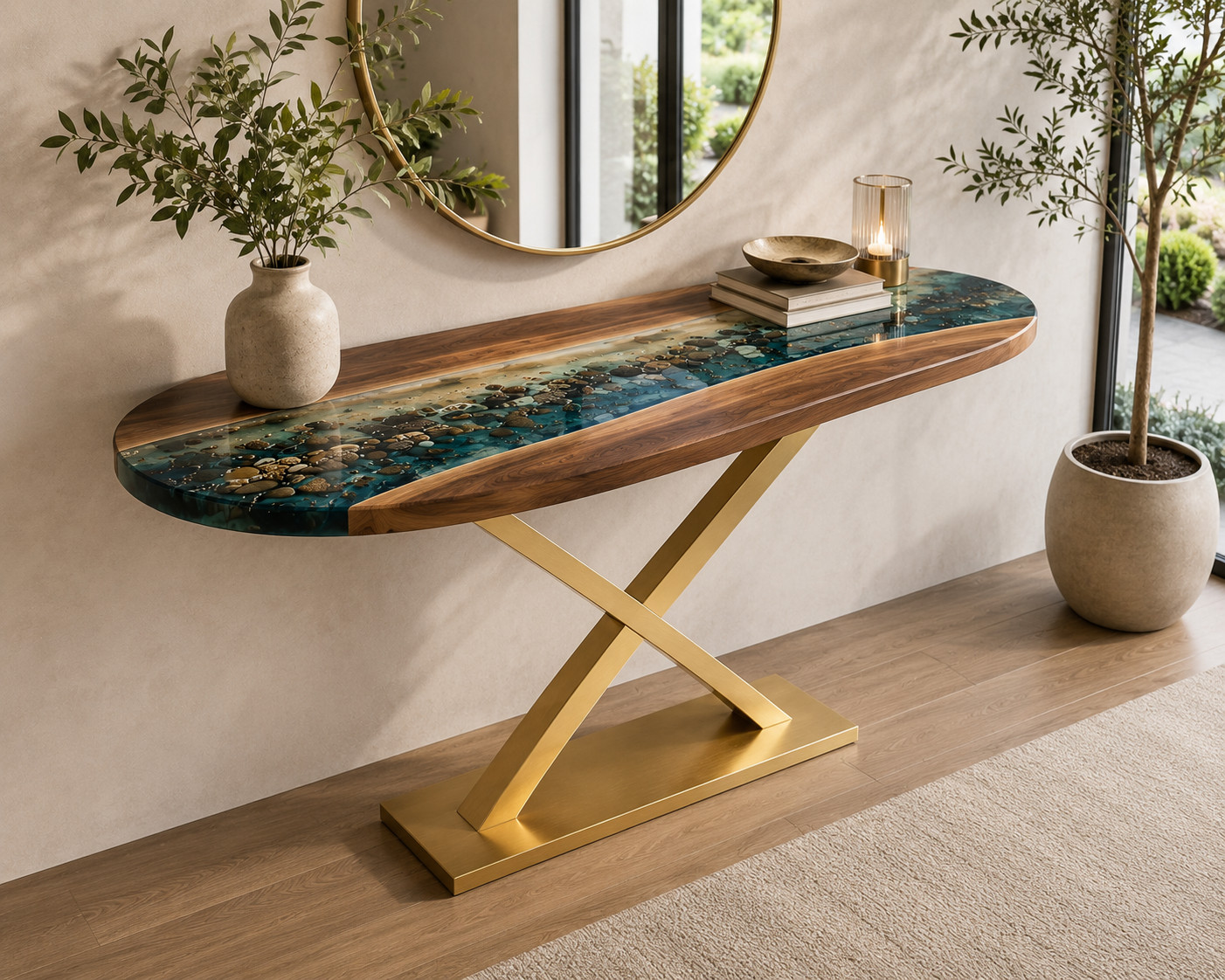 Handmade Live Edge Walnut Wood & Turquoise Epoxy River Console Table | Pebble