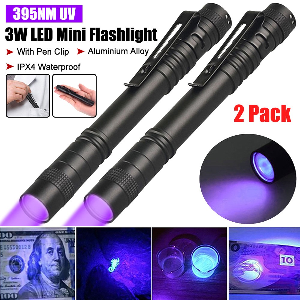 2x Portable 395nm UV Light Flashlight Penlight Black Light Clip Pen Light Torch