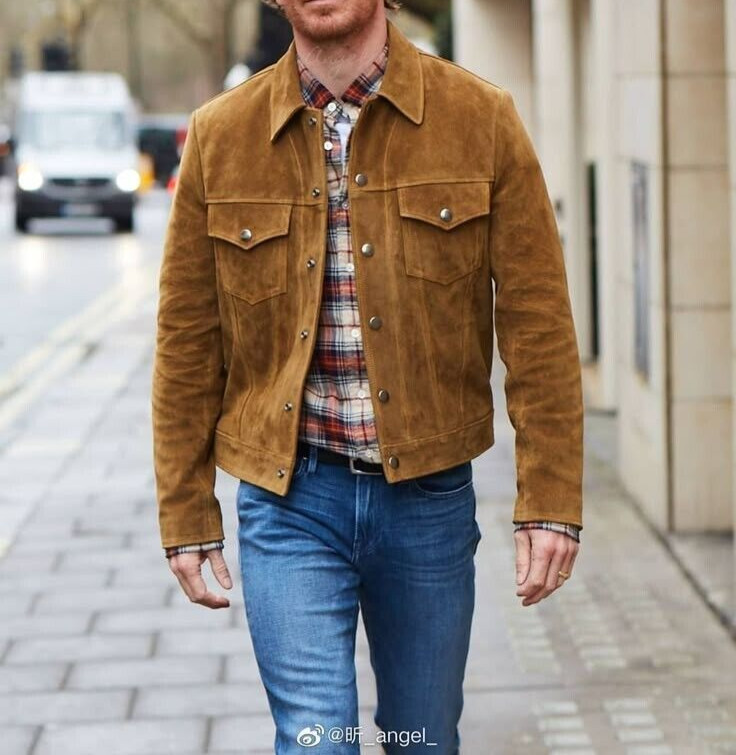 Men Brown Pure Suede Leather Jacket Slim Fit Trucker Jacket Custom Size S M L XL