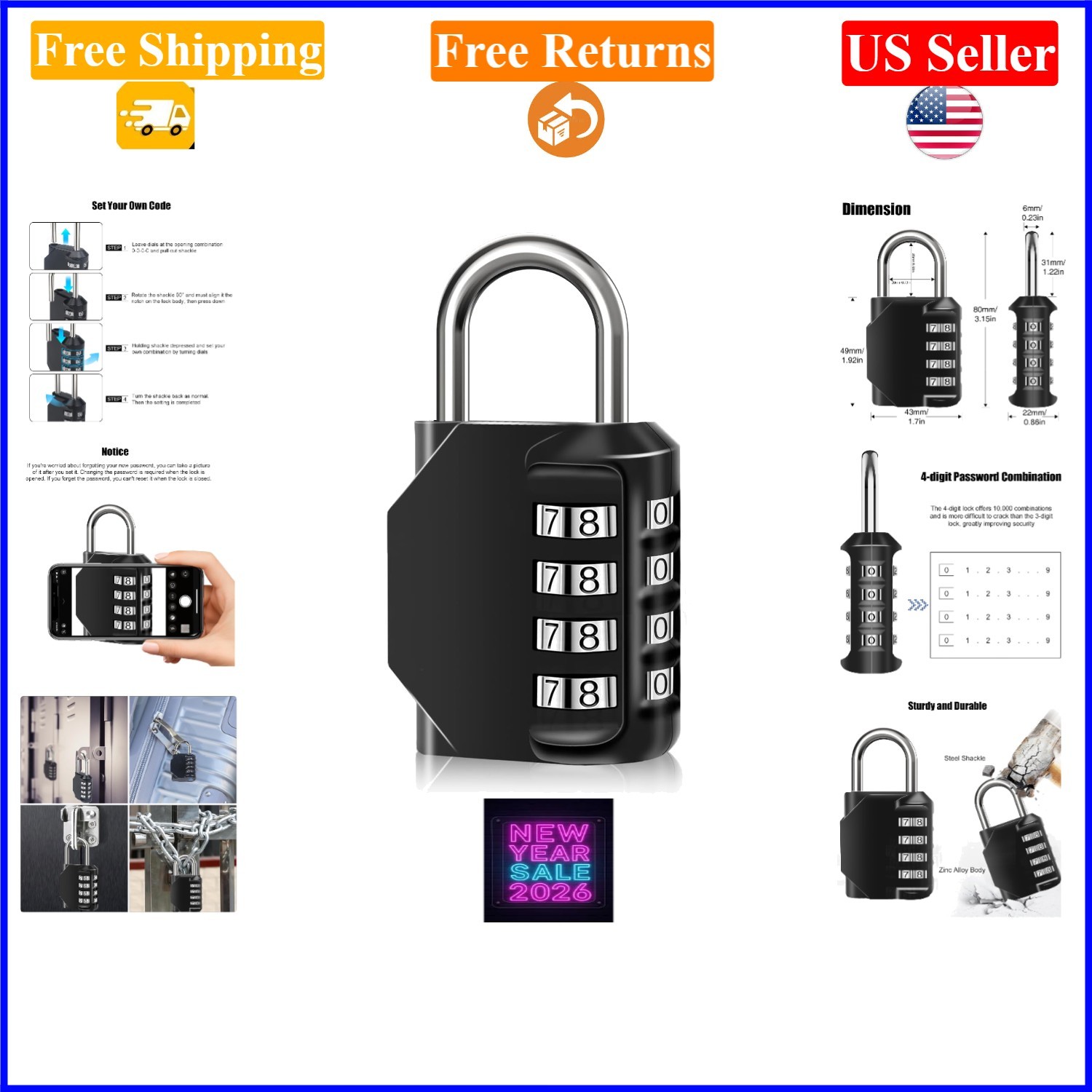 Waterproof 4-Digit Combination Lock for Gates, Lockers, Toolbox, 1PC Black