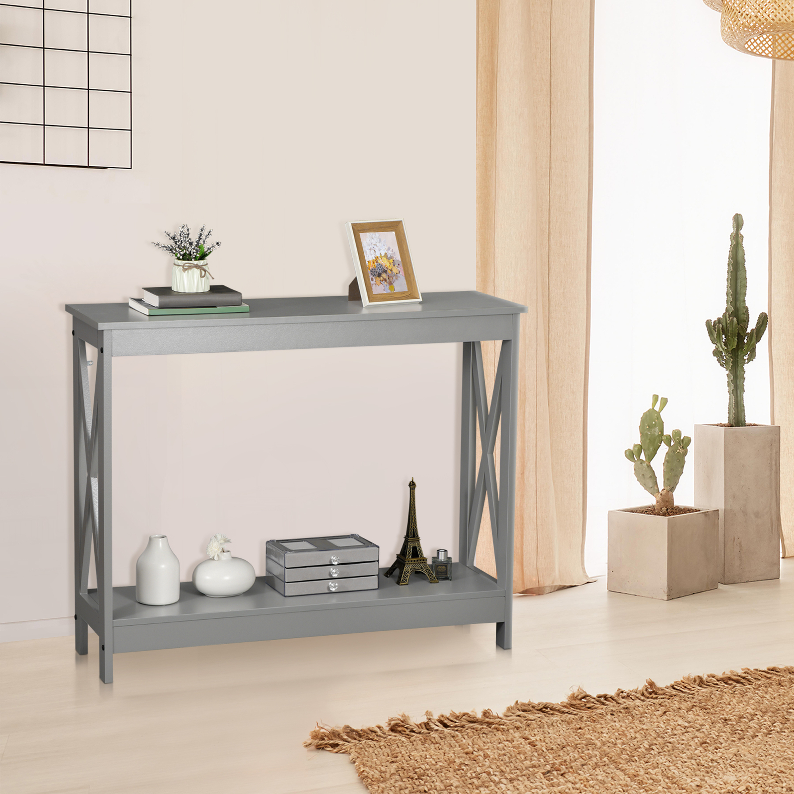 39'' Grey Console Table 2-Tier Sofa Entryway Table with X-shaped Frame Indoor