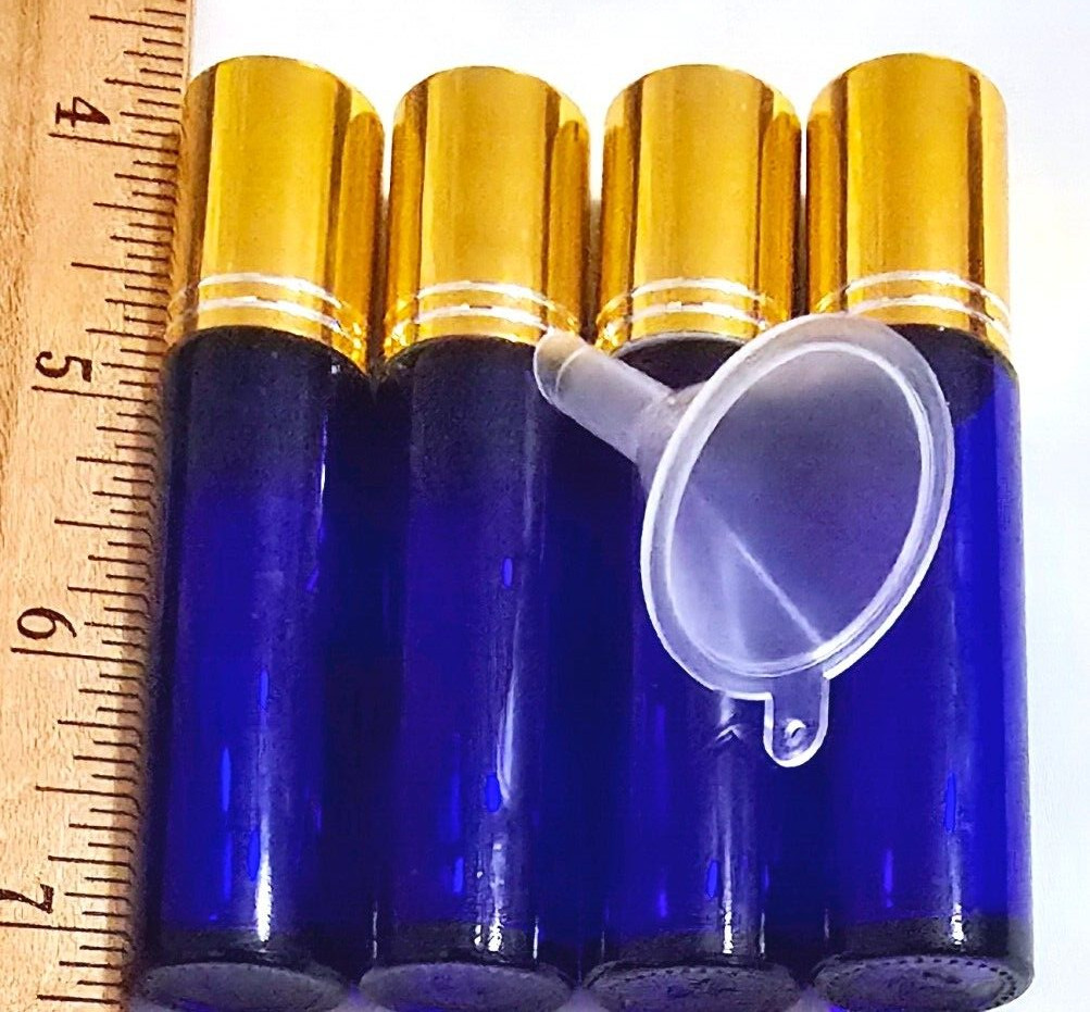 4pc Deep Blue Glass Essential Oil Roller Bottles with Mini Funnel