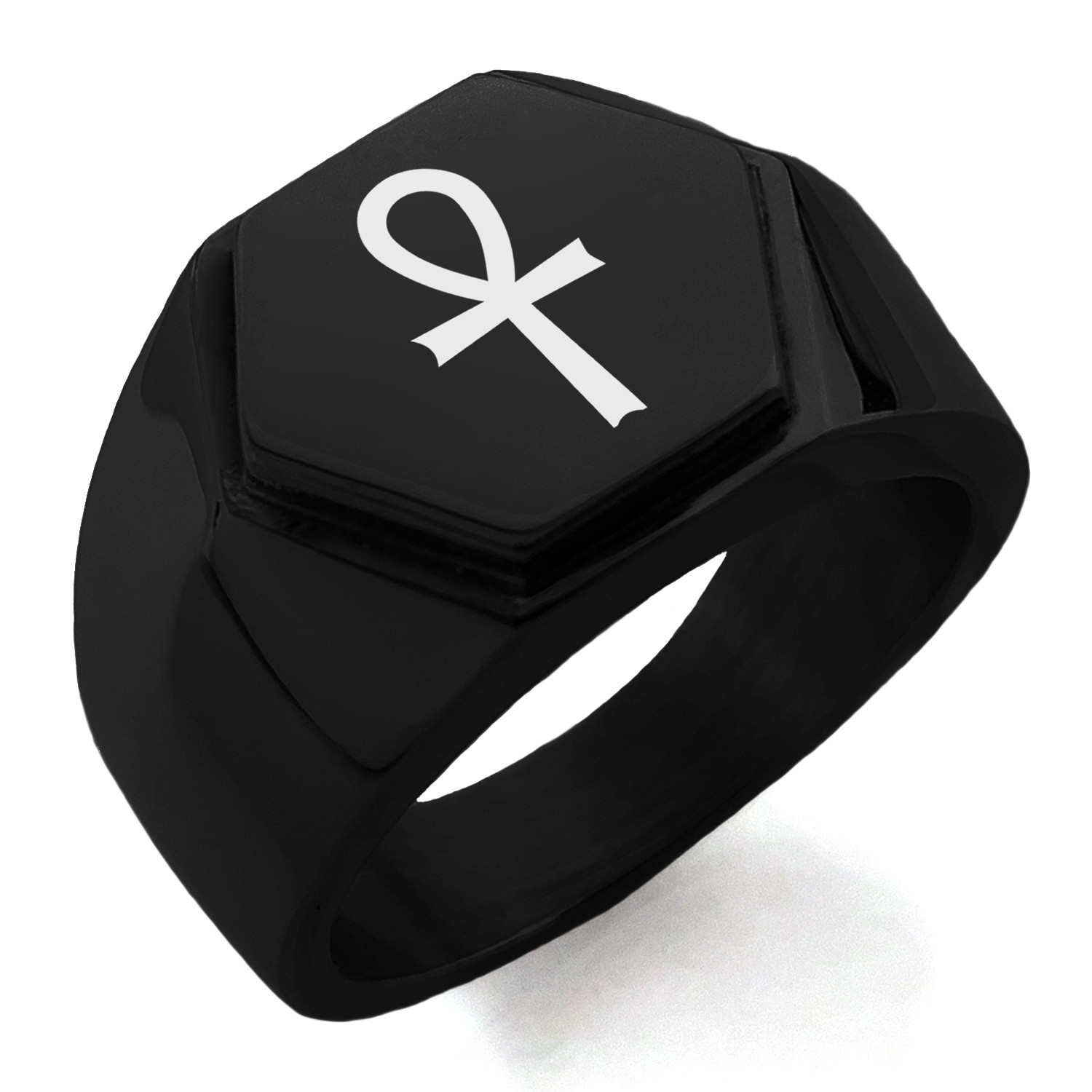 Stainless Steel Egyptian Ankh Cross Symbol Mens Hexagon Crest Signet Ring