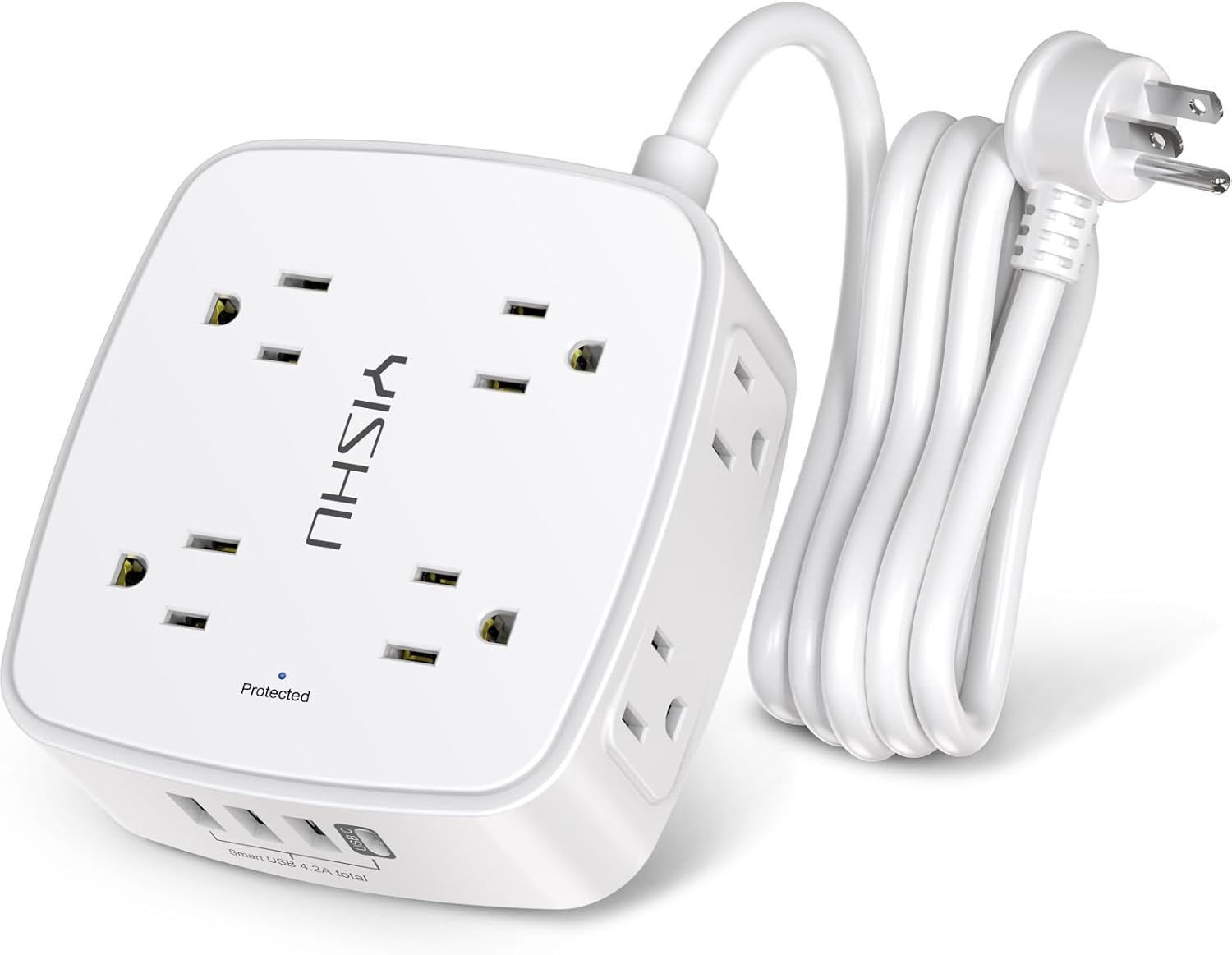6ft Surge Protector Power Strip, 8 Outlets + 4 USB, Flat Plug Wall Mount