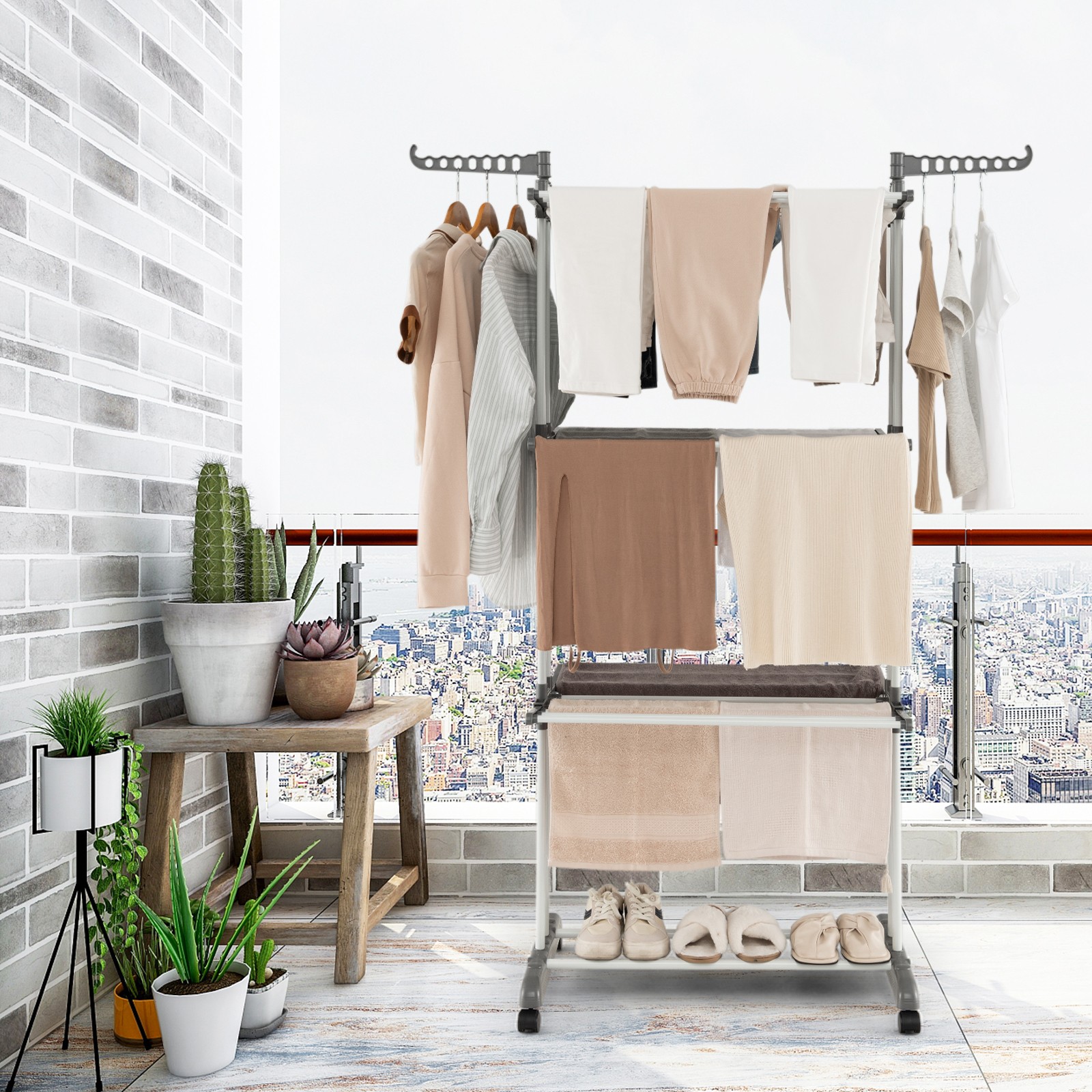 3-tier Folding Clothes Drying Rack w/ Rotatable Side Wings & Collapsible Shelves