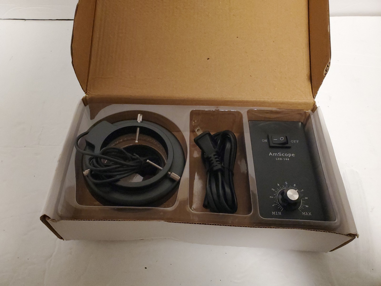 AMSCOPE 144-LED FOUR-ZONE ADJUSTABLE MICROSCOPE RING LIGHT W/ADAPTOR 110-220V