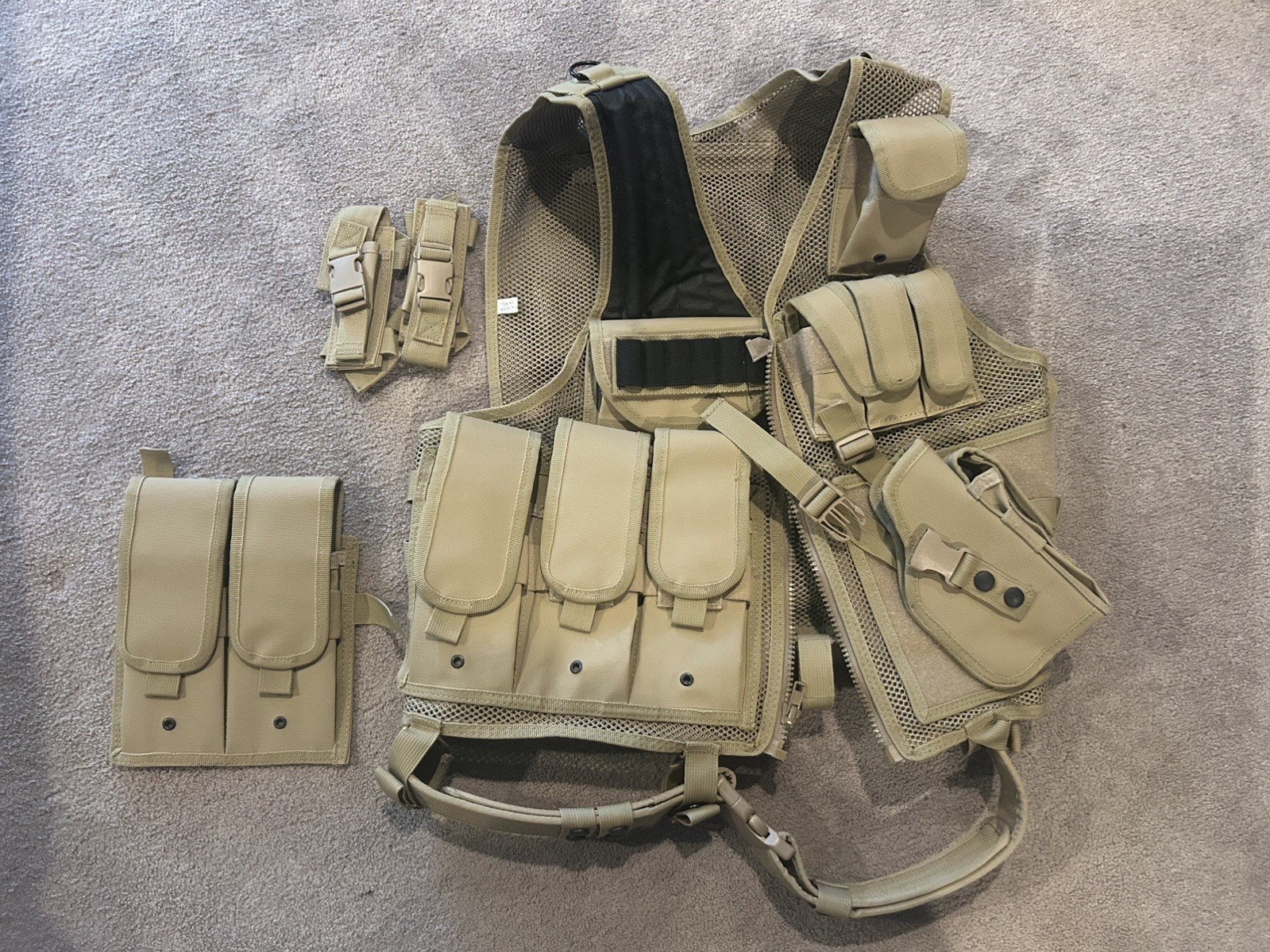 Beige UTG Leapers Large Tactical Vest with holster, rifle and pistol mag pouches