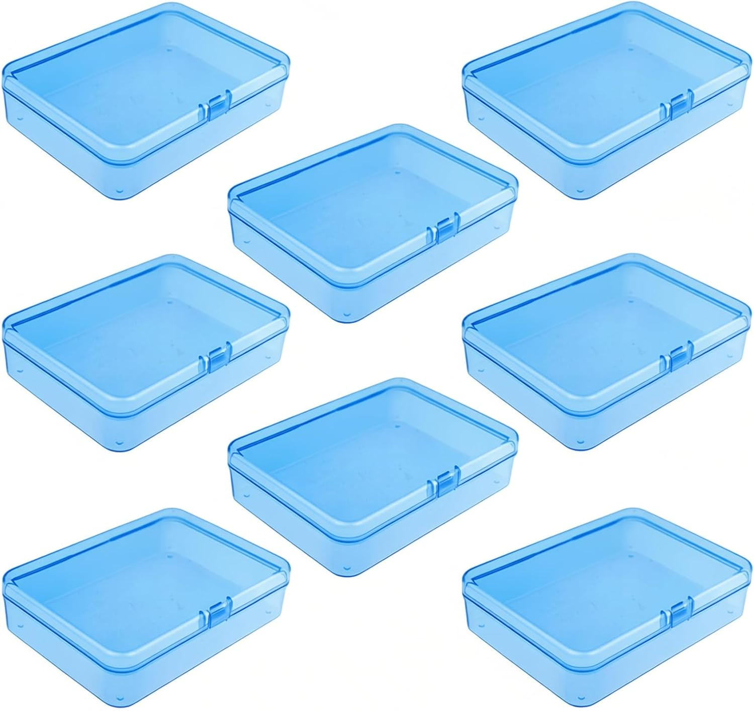 8 Pieces Rectangular Plastic Storage Boxes, Blue, 4.5X3.3X1.1 Inch | Hinged Lids