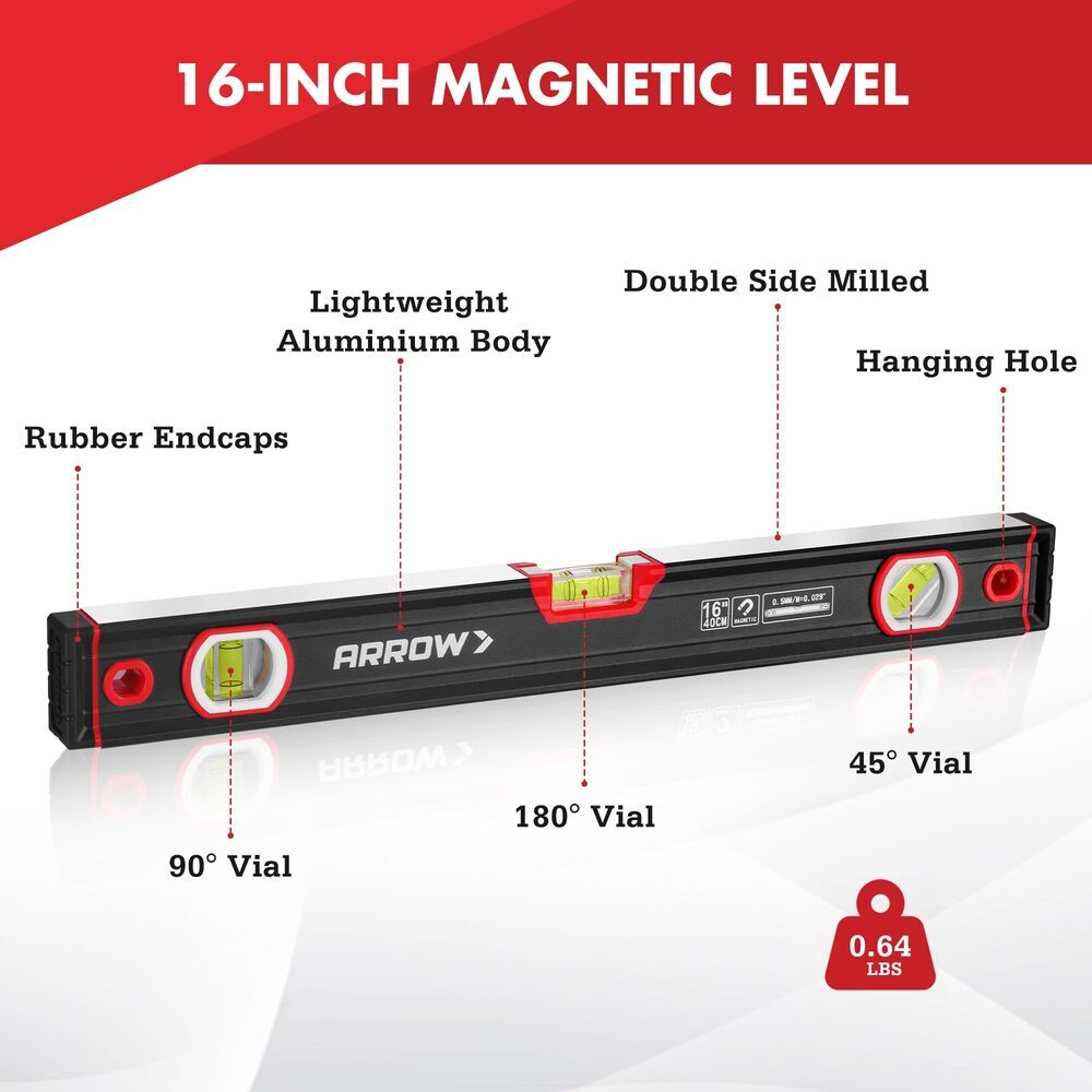 ARROW 16-inch Level Magnetic Torpedo Level Aluminum Alloy Body 3 Bubble V-Groove