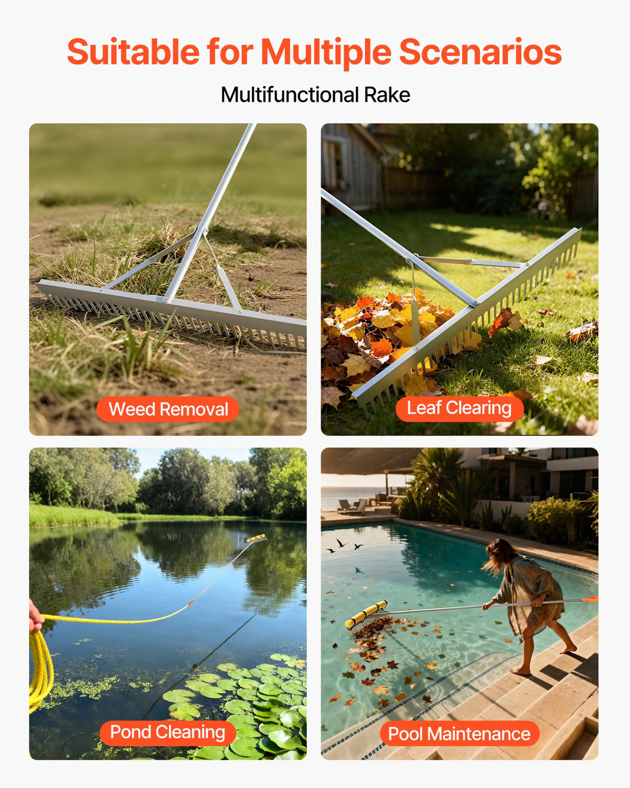 36" Landscape Rake with 102" Handle, Heavy-Duty Aluminum Lawn & Soil Level Tool