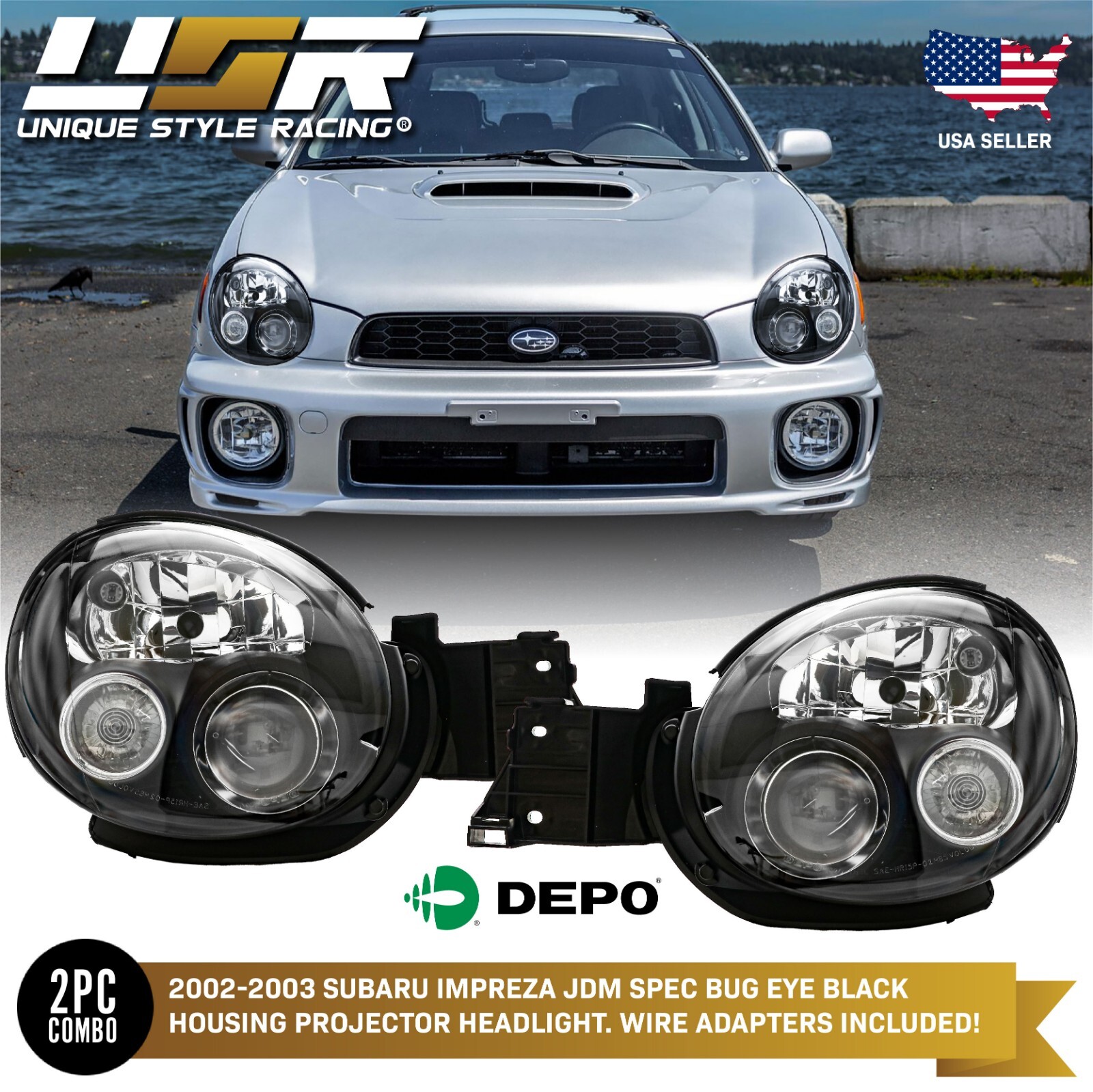 DEPO JDM Bugeye Black Projector Headlight Pair For 2002-2003 Subaru Impreza WRX
