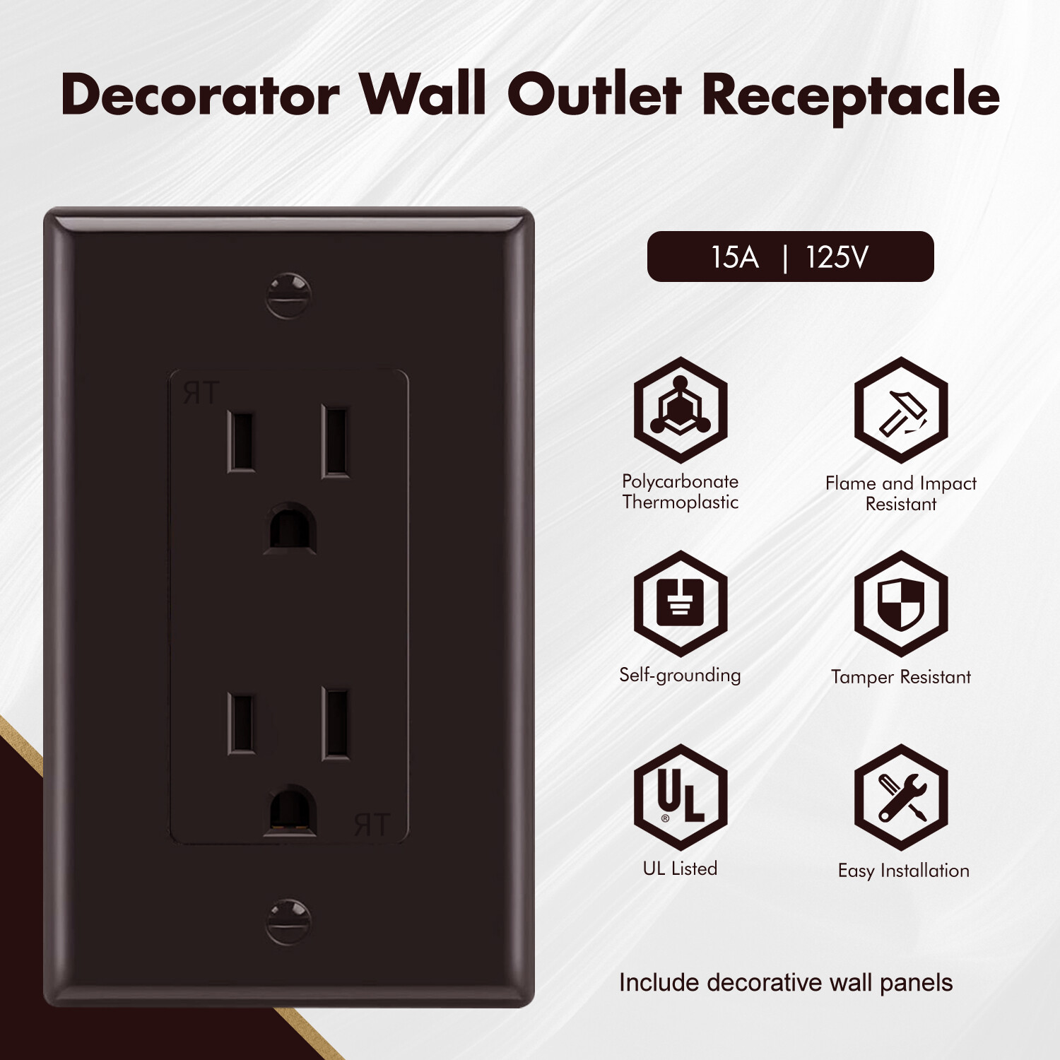 Outlet Socket, Decora Duplex Receptacle 15 Amp, Tamper Resistant，Brown，50Pack